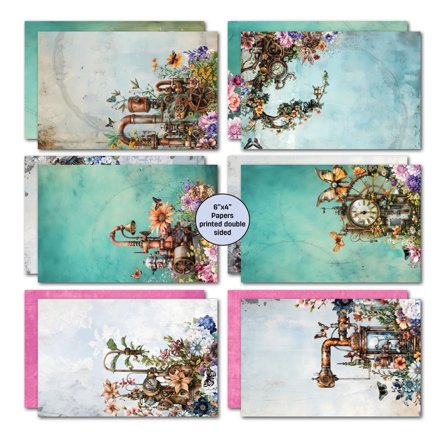Floral Mechanica 6x4 card making papers by 3Quarter Designs — six double-sided 5.8x3.8 inch papers in teal and aqua distressed backgrounds with steampunk pipes, gears, clock faces, butterflies, and floral corner details
