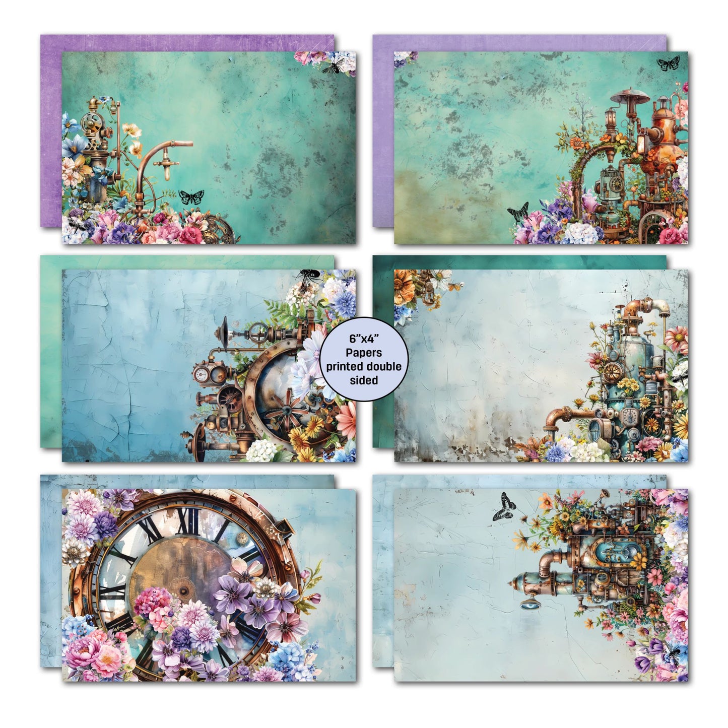 Floral Mechanica 6x4 card making papers by 3Quarter Designs — six double-sided 5.8x3.8 inch papers in teal, grey, and blue distressed backgrounds with steampunk machinery, large vintage clock face, and floral details in purple, pink, and green colourways