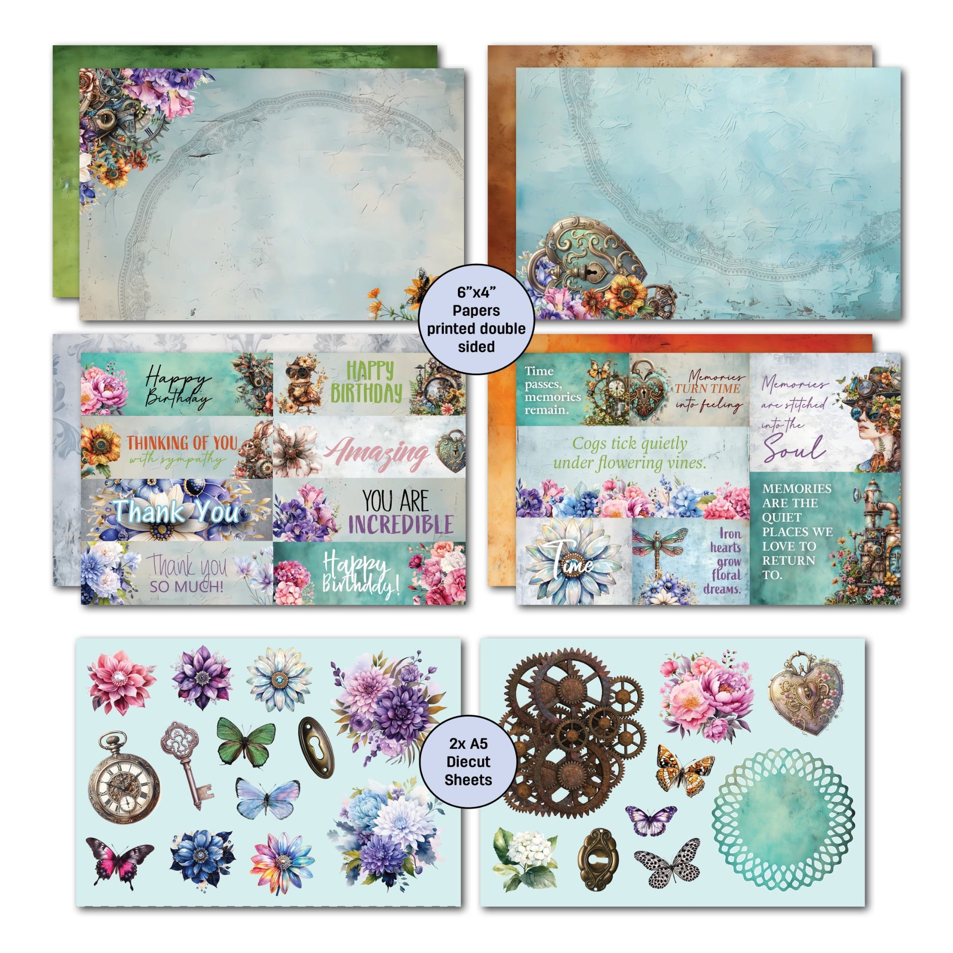 Floral Mechanica card kit die-cut sheets and sentiment strips by 3Quarter Designs — two A5 die-cut sheets with florals, butterflies, gears, pocket watch, ornate key, heart padlock, and teal doily; plus sentiment strips including Happy Birthday, Thank You, Thinking of You, and steampunk poetic quotes 