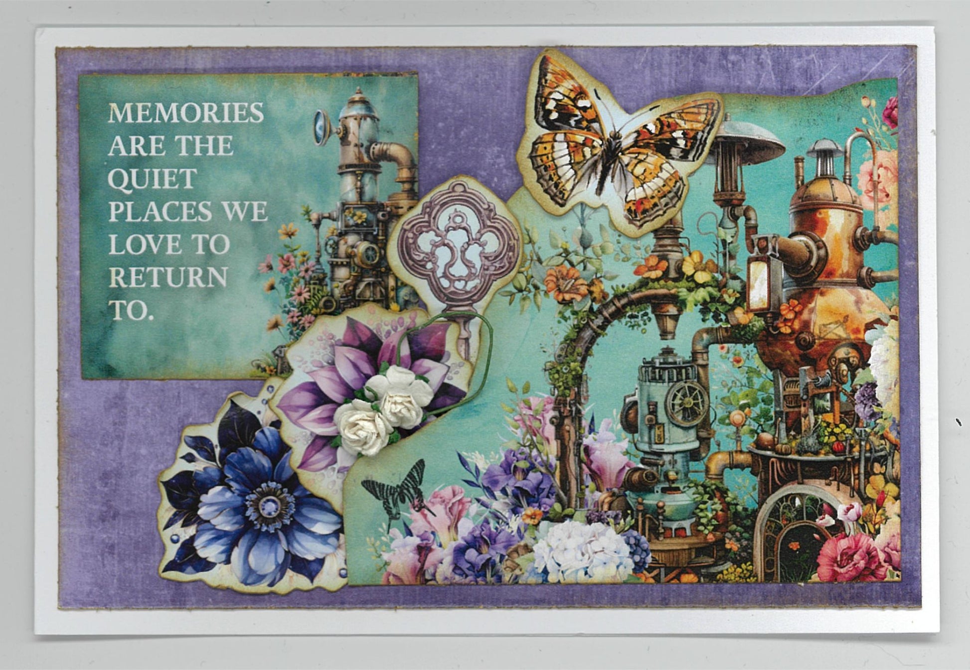 Handmade keepsake card using Floral Mechanica 6x4 Card Making Kit by 3Quarter Designs — landscape card with "Memories Are The Quiet Places We Love To Return To" sentiment, steampunk machinery, ornate keyhole die-cut, orange butterfly, blue anemone, purple clematis, white paper roses, and layered florals on a purple and teal background 