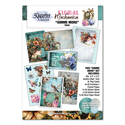 Floral Mechanica Gimme More Pack by 3Quarter Designs — front cover showing Tuck N Play cards, envelope pages, sticker sheet, vellum, and rice paper in teal steampunk floral designs