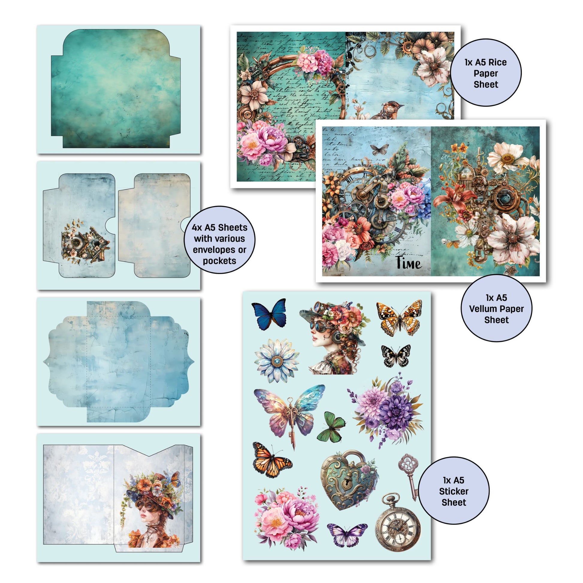 Floral Mechanica Gimme More extras by 3Quarter Designs — 4 A5 envelope and pocket pages in teal distressed designs, A5 sticker sheet with butterflies, heart padlock, pocket watch and steampunk lady, plus A5 vellum and rice paper sheets with steampunk floral scenes