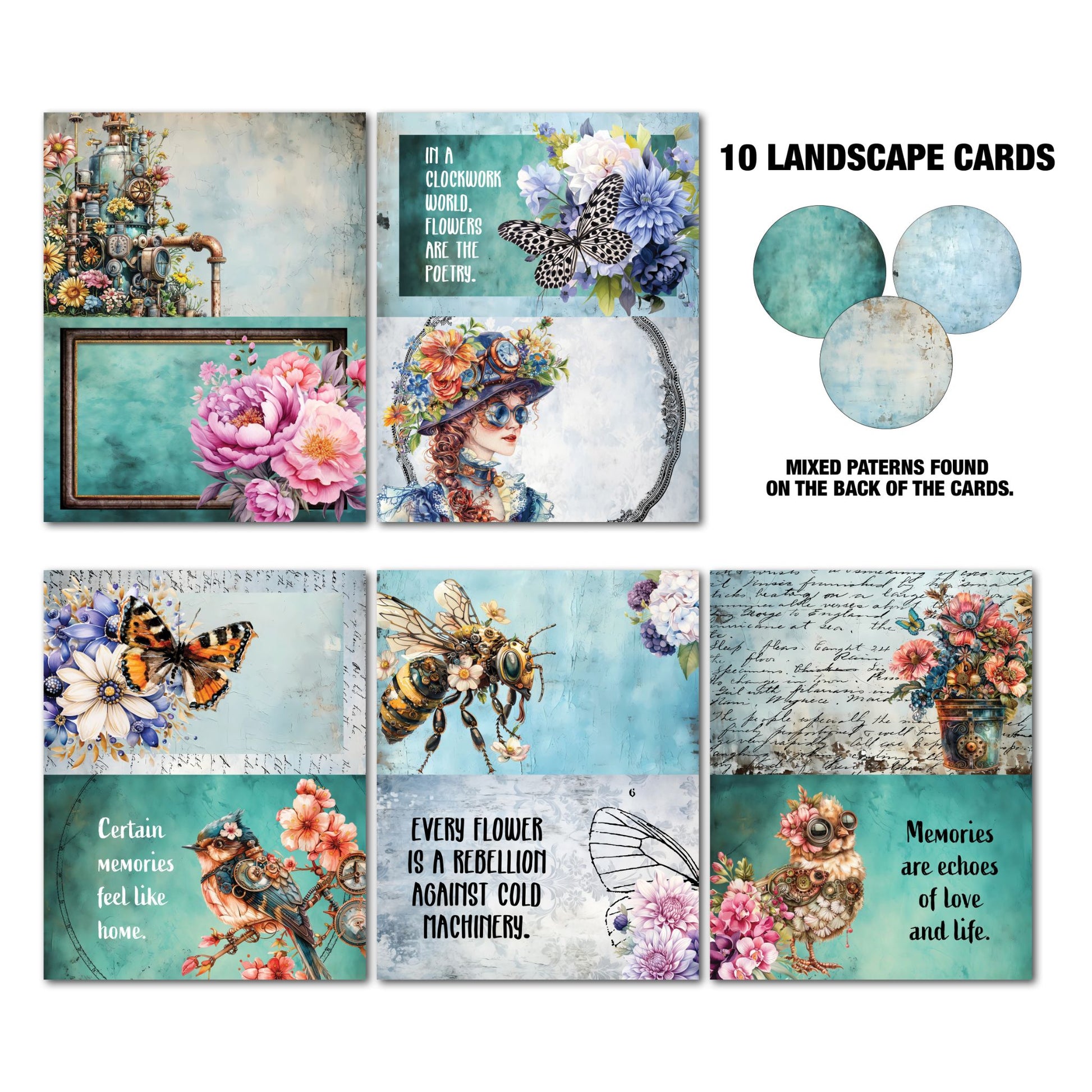 Floral Mechanica Gimme More landscape Tuck N Play cards by 3Quarter Designs — 10 double-sided 5.5x3.5 inch cards featuring steampunk machinery, mechanical bee, clockwork bird, steampunk lady, butterfly, and floral sentiment designs in teal and aqua