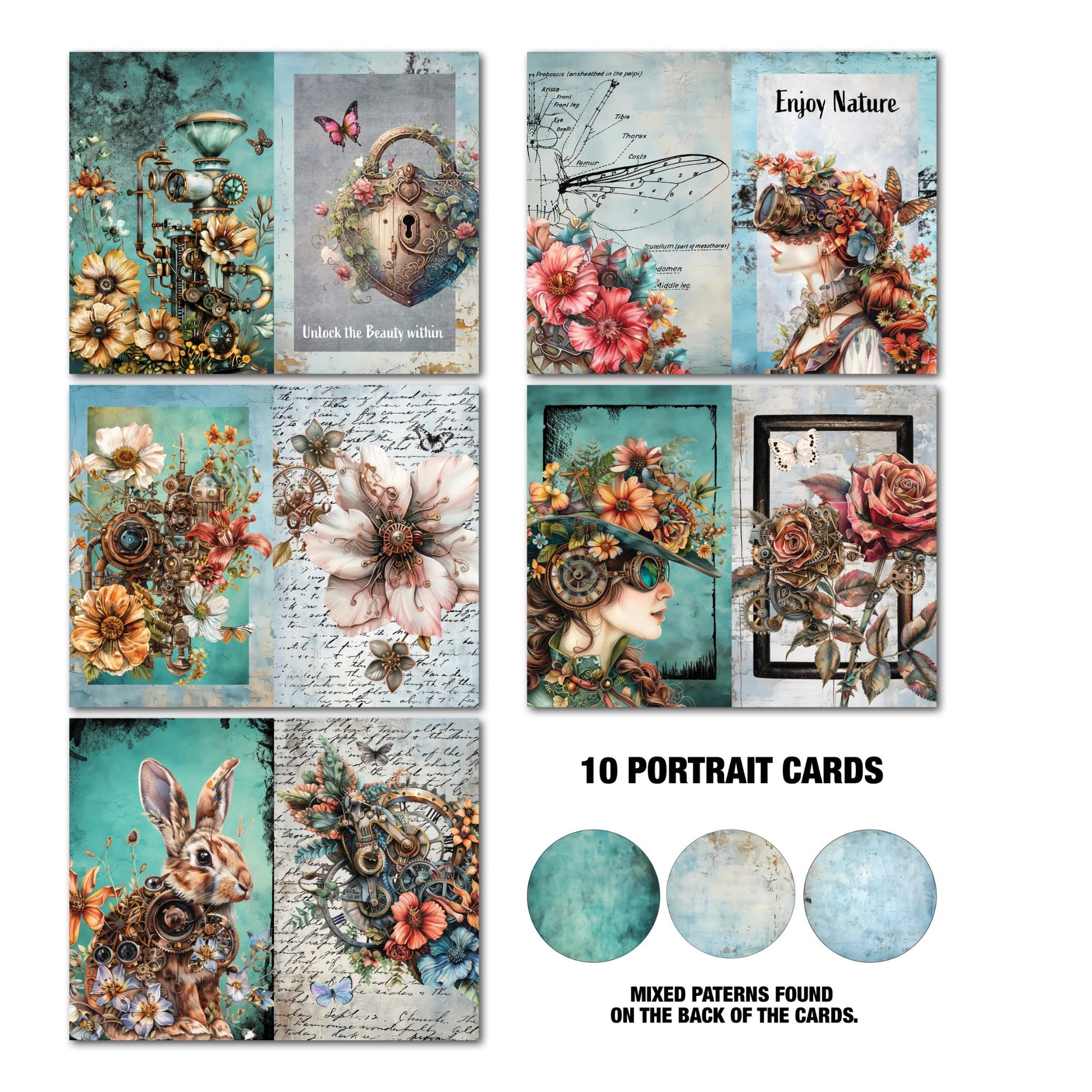 Floral Mechanica Gimme More portrait Tuck N Play cards by 3Quarter Designs — 10 double-sided 5.5x3.5 inch cards featuring steampunk rabbit, heart padlock, dragonfly anatomy, steampunk lady with goggles, magnolia, and clockwork floral designs in teal and aqua