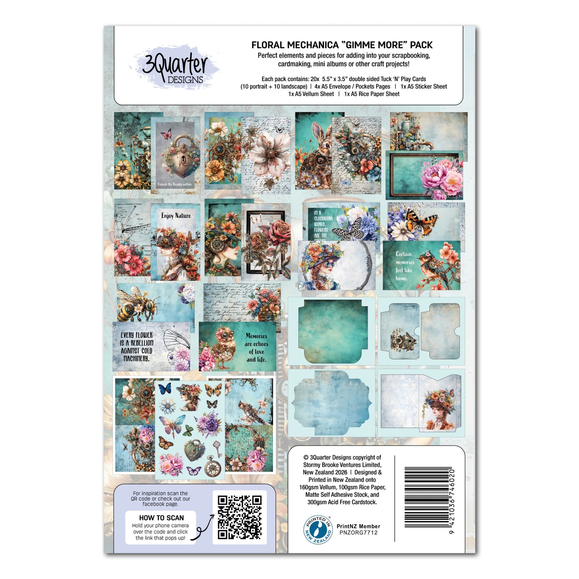 Floral Mechanica Gimme More Pack by 3Quarter Designs — back cover showing all 20 Tuck N Play card designs, envelope pages, sticker sheet, and full pack contents list