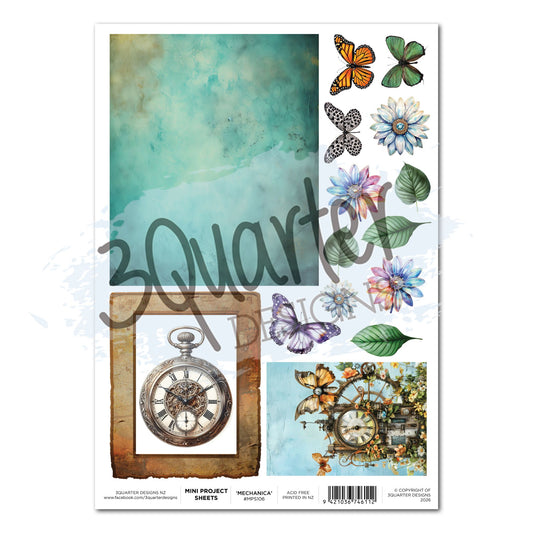 Floral Mechanica Mini Project Sheet A4 by 3Quarter Designs — fussy cut elements including teal distressed background panel, ornate silver pocket watch in vintage frame, steampunk clock tower scene, monarch, green, spotted, and purple butterflies, blue and pink daisies, and green leaves