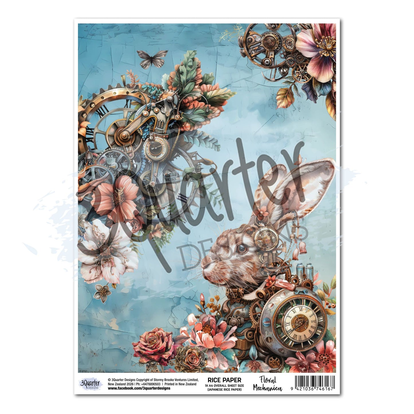 Floral Mechanica A4 Japanese Rice Paper by 3Quarter Designs — full-bleed steampunk design featuring a clockwork rabbit with bronze gears, clock faces, pink roses, poppies, and autumn leaves on a crackled teal background