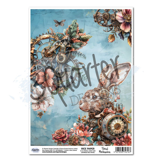 Floral Mechanica A4 Japanese Rice Paper by 3Quarter Designs — full-bleed steampunk design featuring a clockwork rabbit with bronze gears, clock faces, pink roses, poppies, and autumn leaves on a crackled teal background