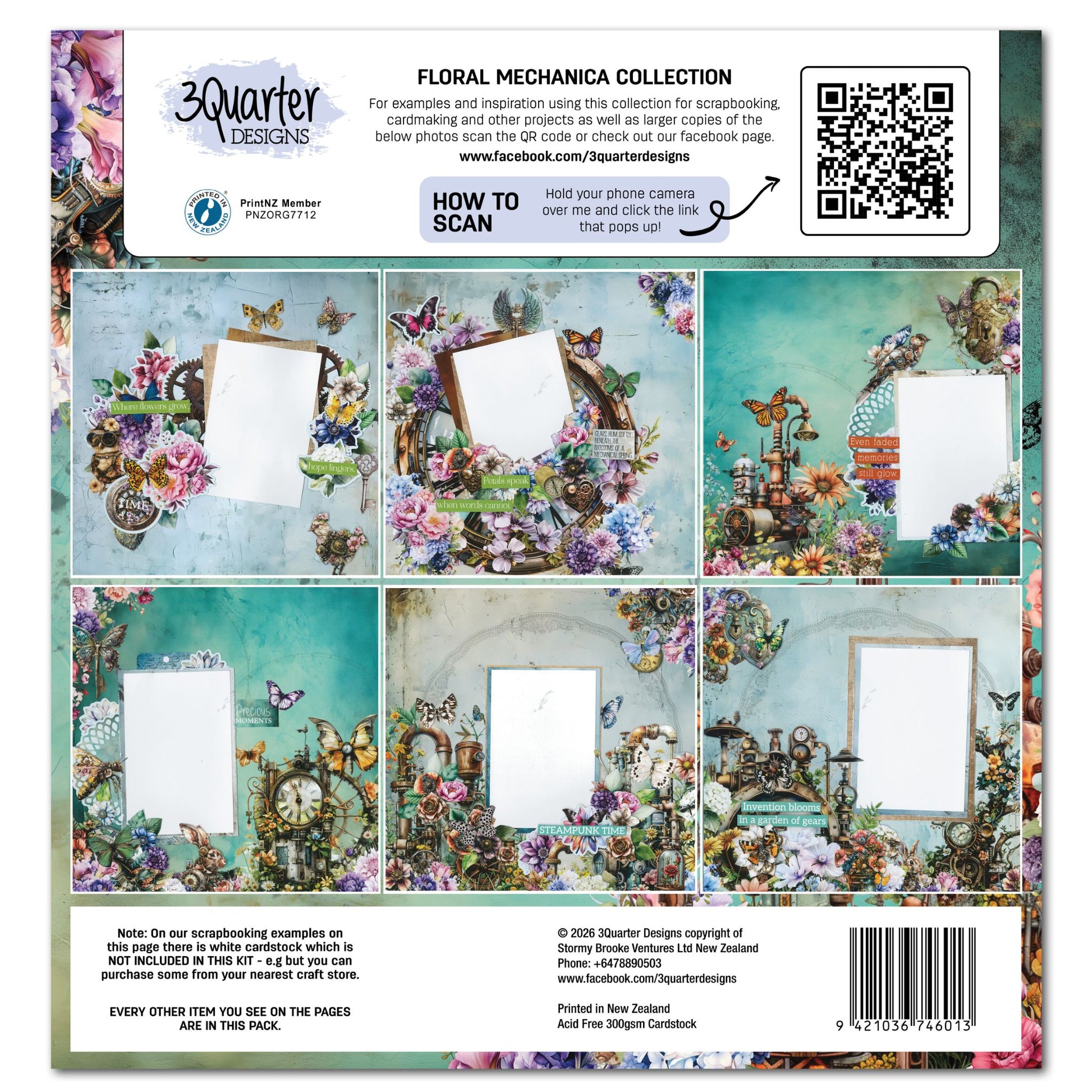 Floral Mechanica Scrapbook Collection Kit back cover — scrapbook layout inspiration with teal floral steampunk papers by 3Quarter Designs 