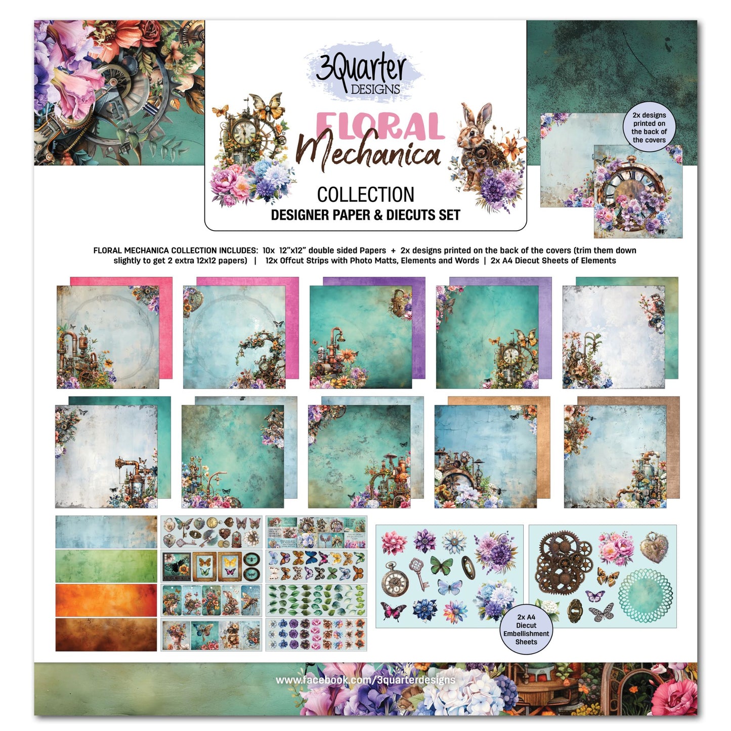 Floral Mechanica 12x12 Scrapbook Collection Kit by 3Quarter Designs — cover showing teal and turquoise steampunk floral papers and die-cut embellishments