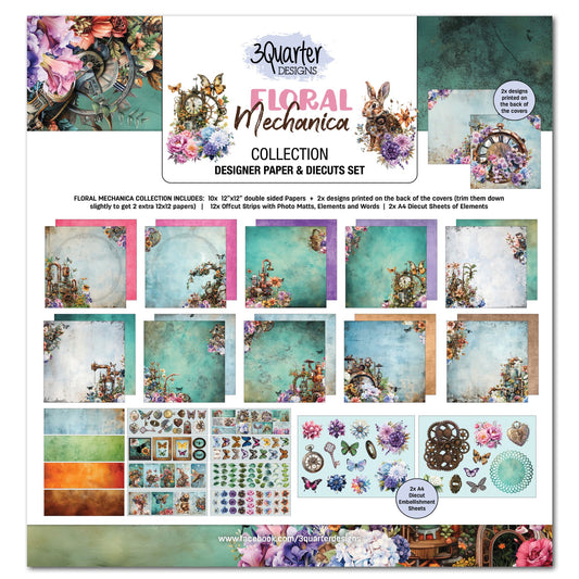 Floral Mechanica 12x12 Scrapbook Collection Kit by 3Quarter Designs — cover showing teal and turquoise steampunk floral papers and die-cut embellishments