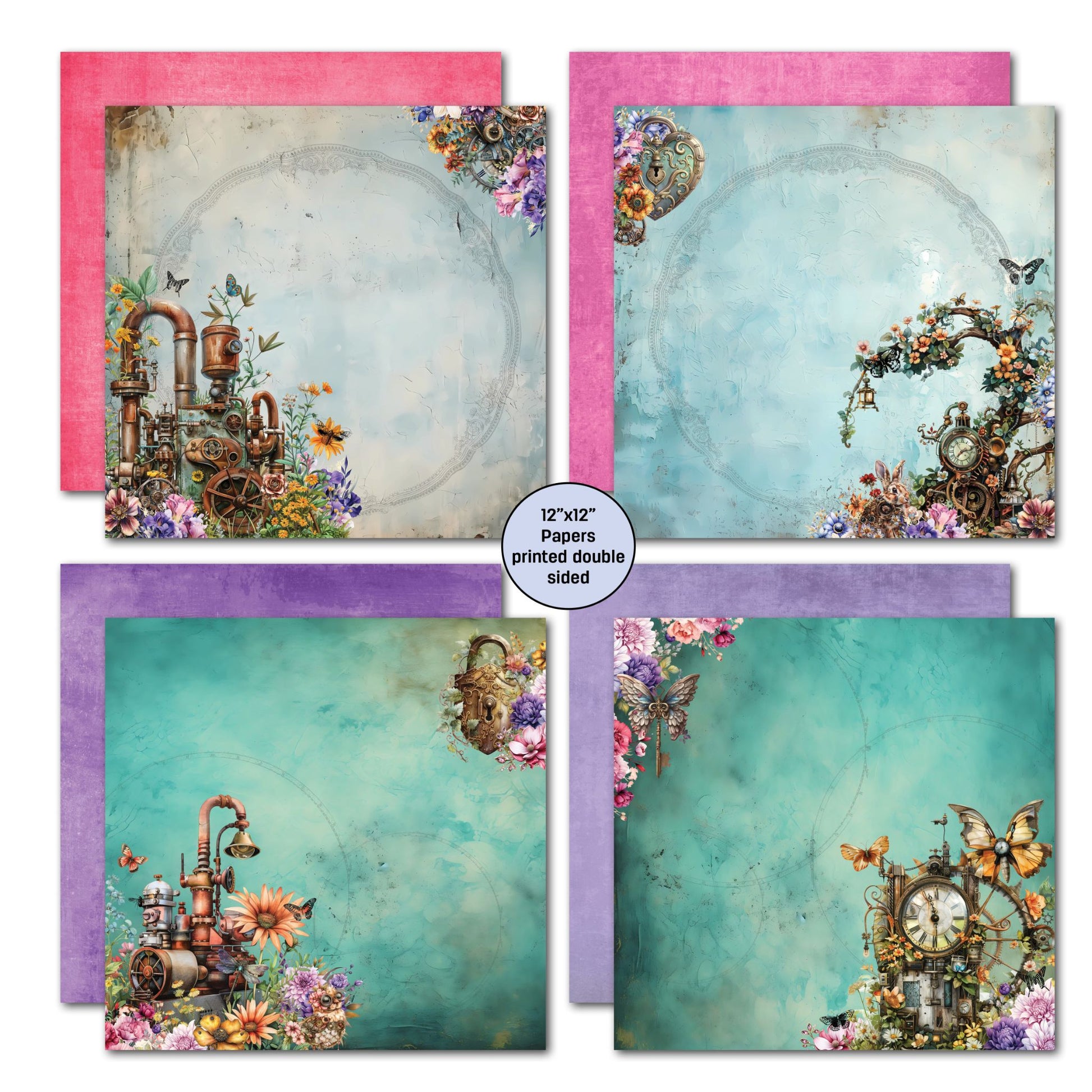 Floral Mechanica double-sided 12x12 scrapbook papers by 3Quarter Designs — teal and turquoise backgrounds with steampunk pipes, gears, florals, and butterflies