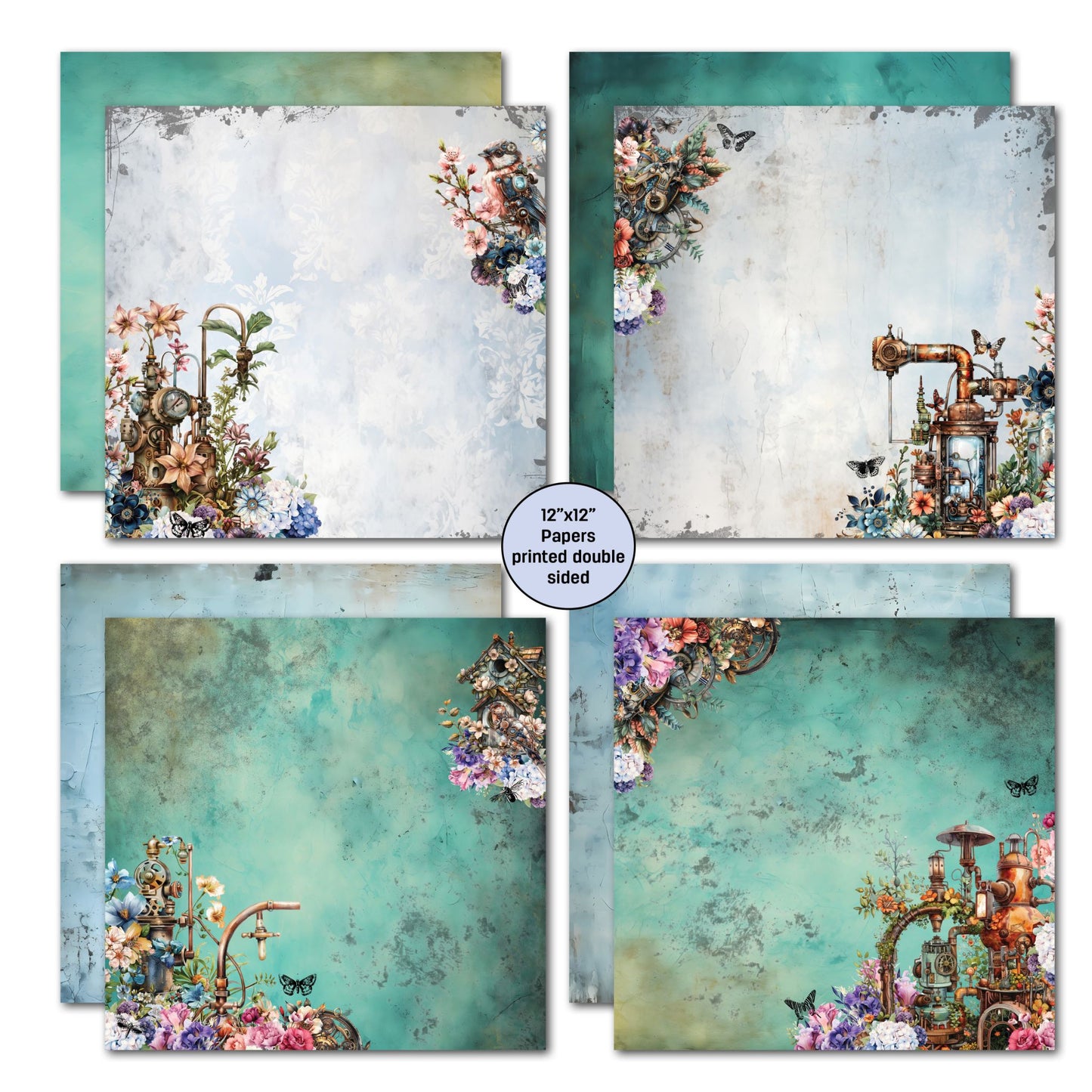 Floral Mechanica double-sided 12x12 scrapbook papers by 3Quarter Designs — soft grey and teal distressed backgrounds with steampunk floral corner details