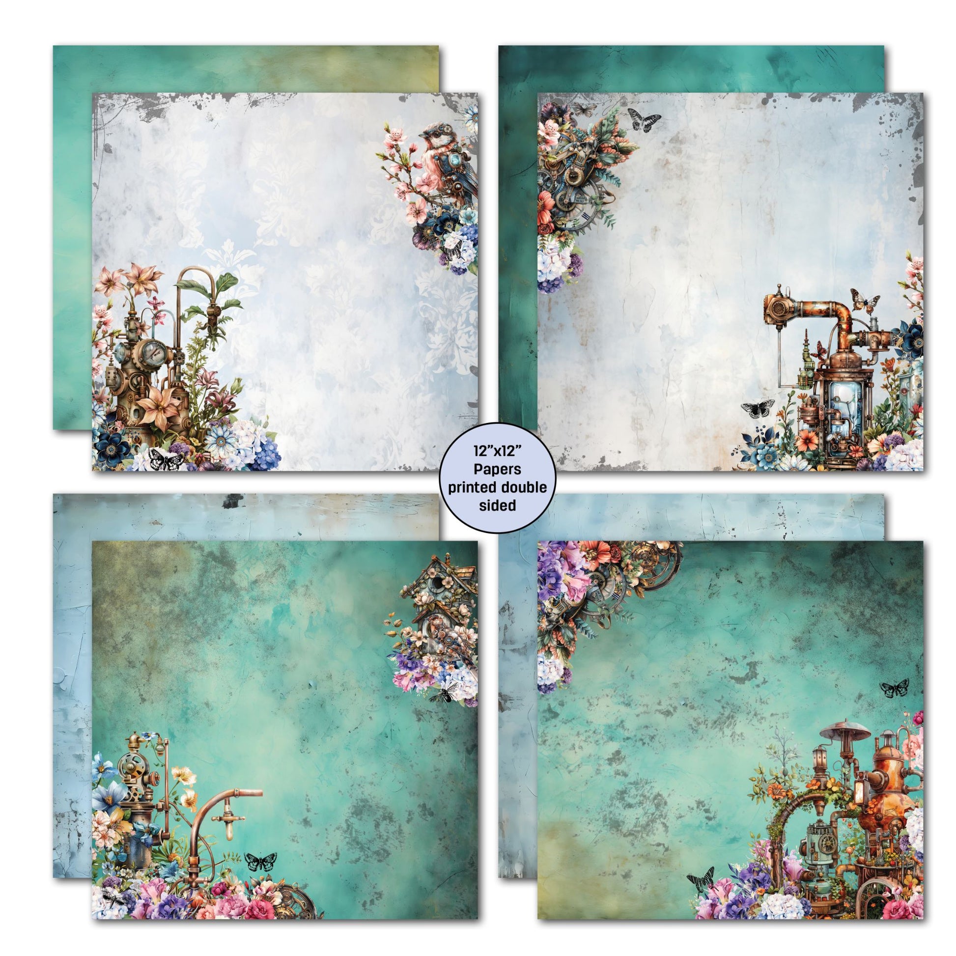 Floral Mechanica double-sided 12x12 scrapbook papers by 3Quarter Designs — soft grey and teal distressed backgrounds with steampunk floral corner details