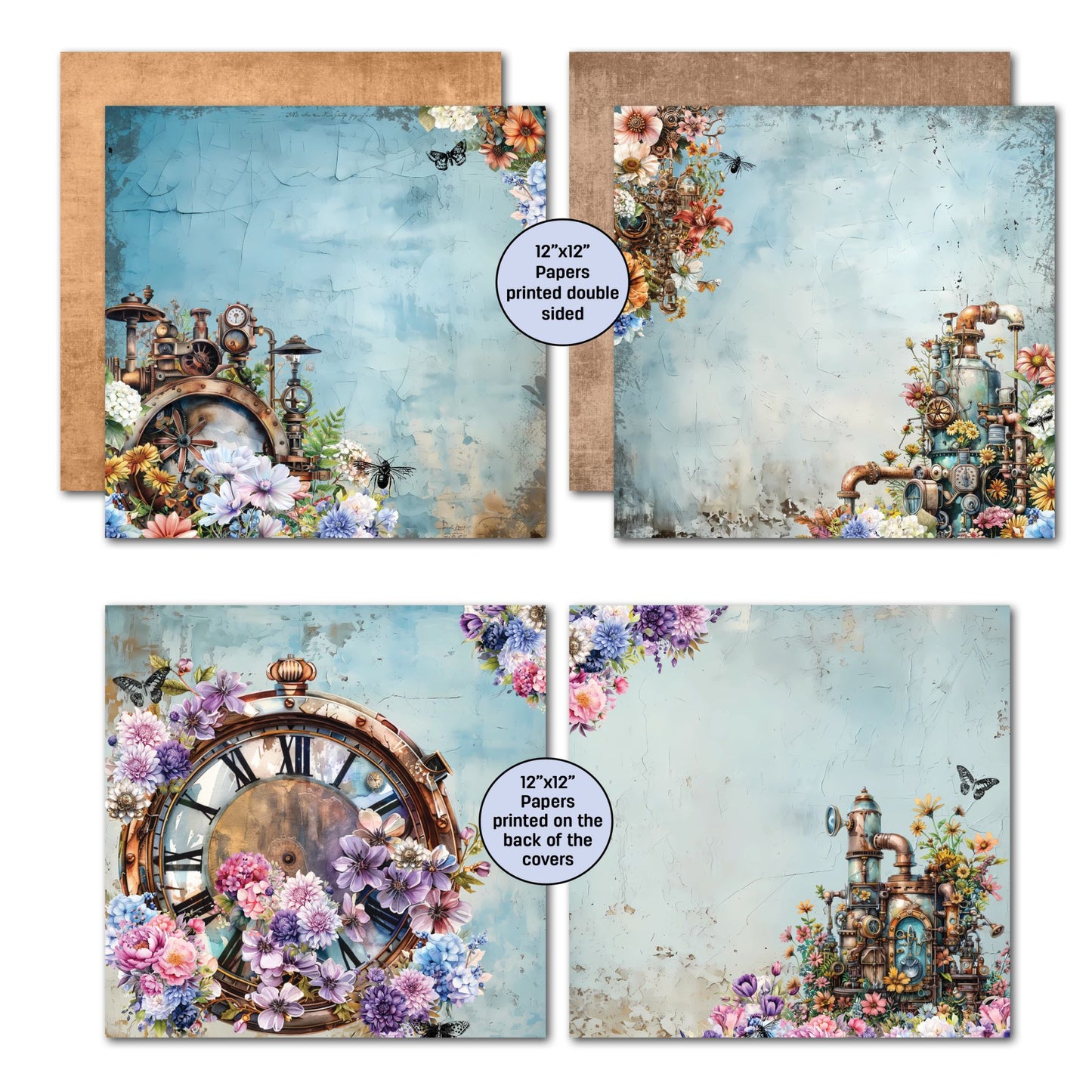 Floral Mechanica double-sided 12x12 scrapbook papers by 3Quarter Designs — blue-green distressed backgrounds featuring vintage clocks, steampunk machinery, and floral details, including cover-back bonus designs
