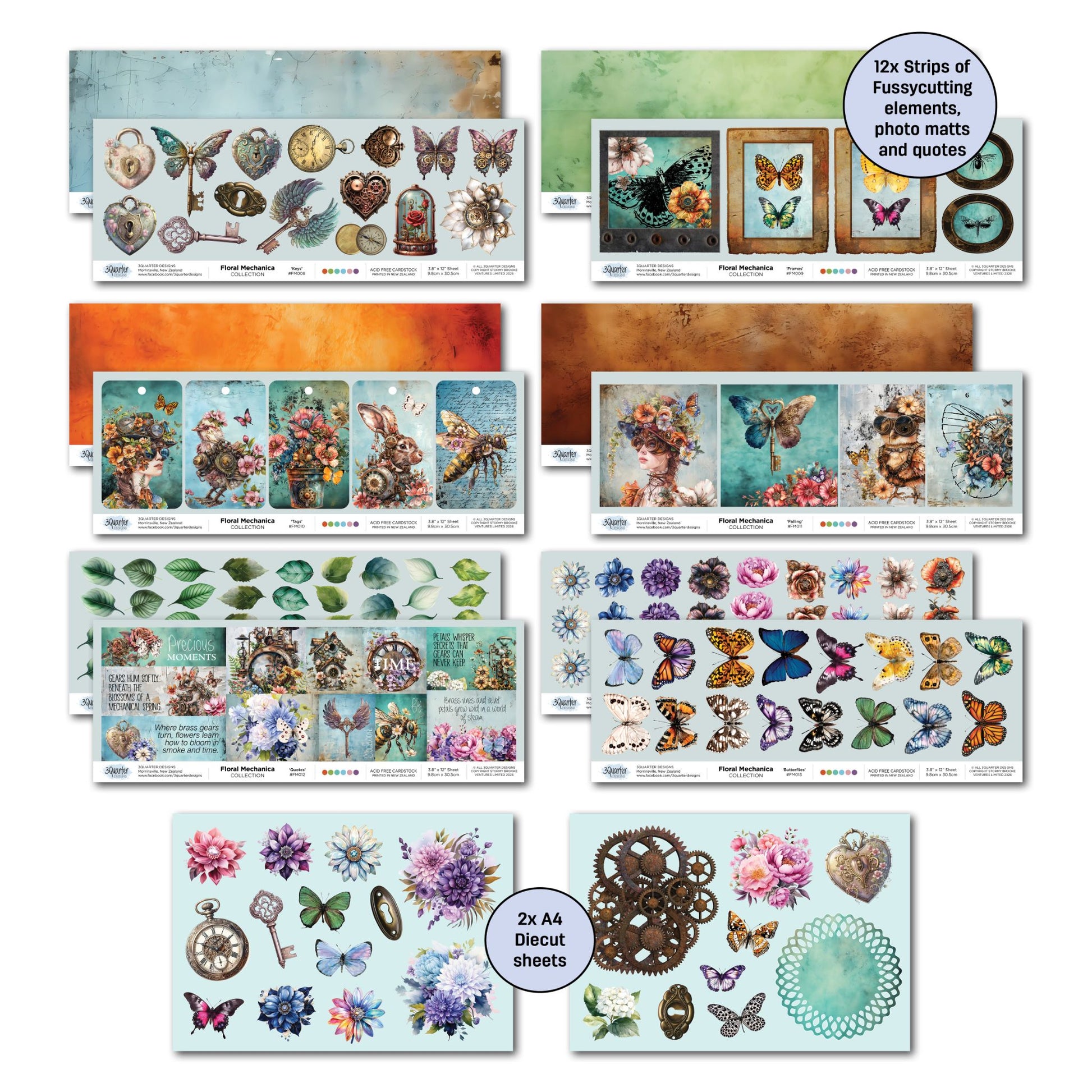 Floral Mechanica offcut strips and die-cut embellishment sheets by 3Quarter Designs — photo mats, fussy cutting elements, quote strips, butterflies, flowers, keys, gears, and locks 