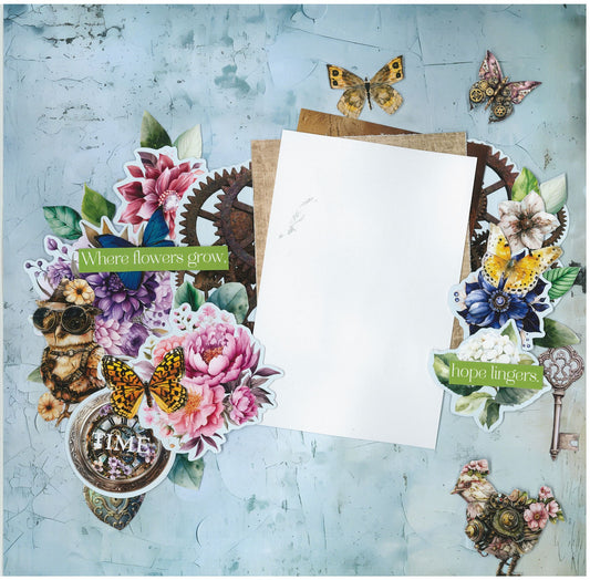 Floral Mechanica scrapbook layout sample by 3Quarter Designs — teal distressed background with die-cut florals, steampunk butterflies, gears, pocket watch, and quote strips arranged around a photo mat - Where flowers grow, hope lingers. 