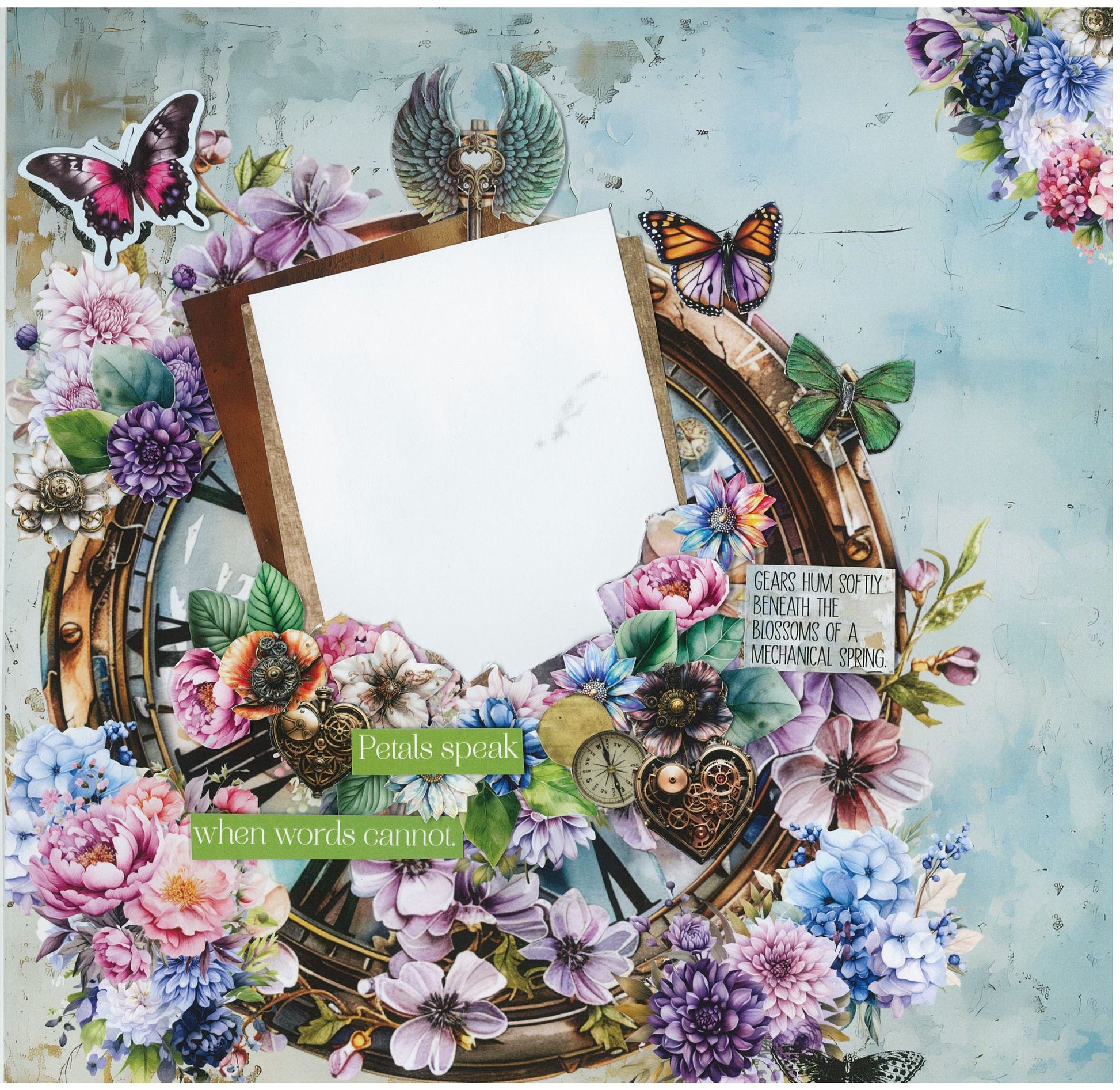 Floral Mechanica scrapbook layout sample by 3Quarter Designs — large vintage clock face background with layered florals, butterflies, winged key, and quote strips including "Petals speak when words cannot"