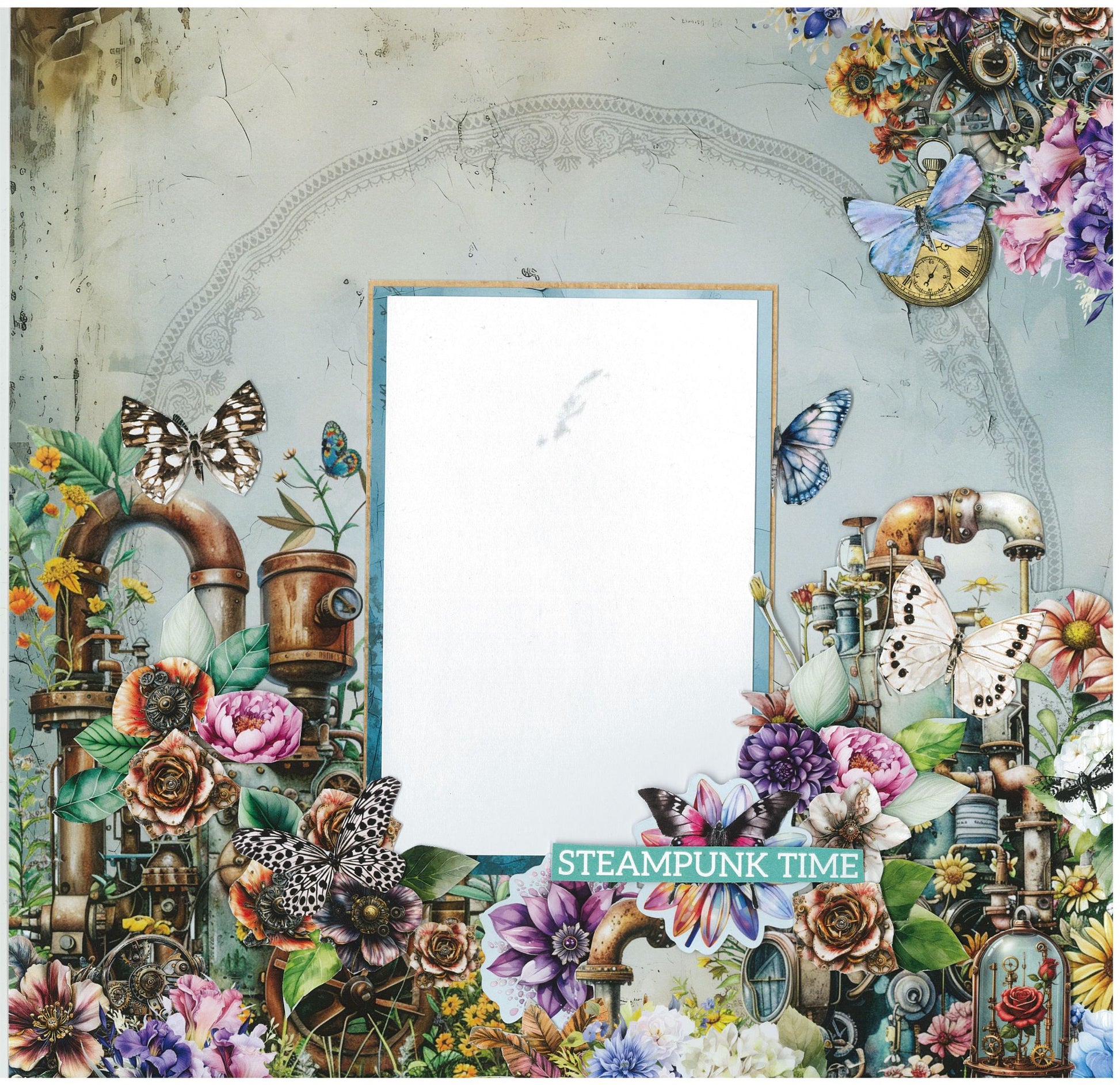 Floral Mechanica scrapbook layout sample by 3Quarter Designs — full-border steampunk design with pipes, gears, butterflies, and mixed florals surrounding a central photo space, with Steampunk Time quote strip