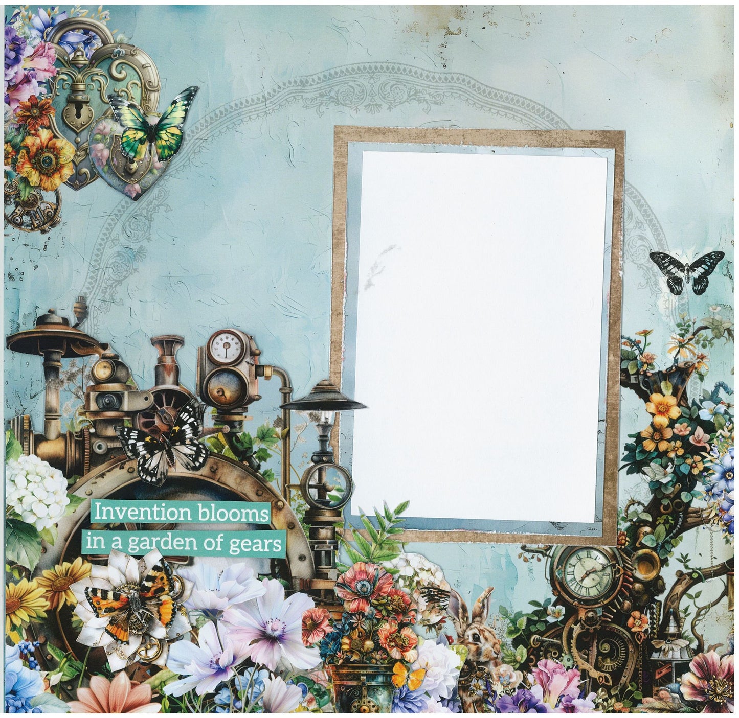 Floral Mechanica scrapbook layout sample by 3Quarter Designs — pale teal distressed background with steampunk machinery, heart padlock, butterflies, mixed florals, and "Invention blooms in a garden of gears" quote strips