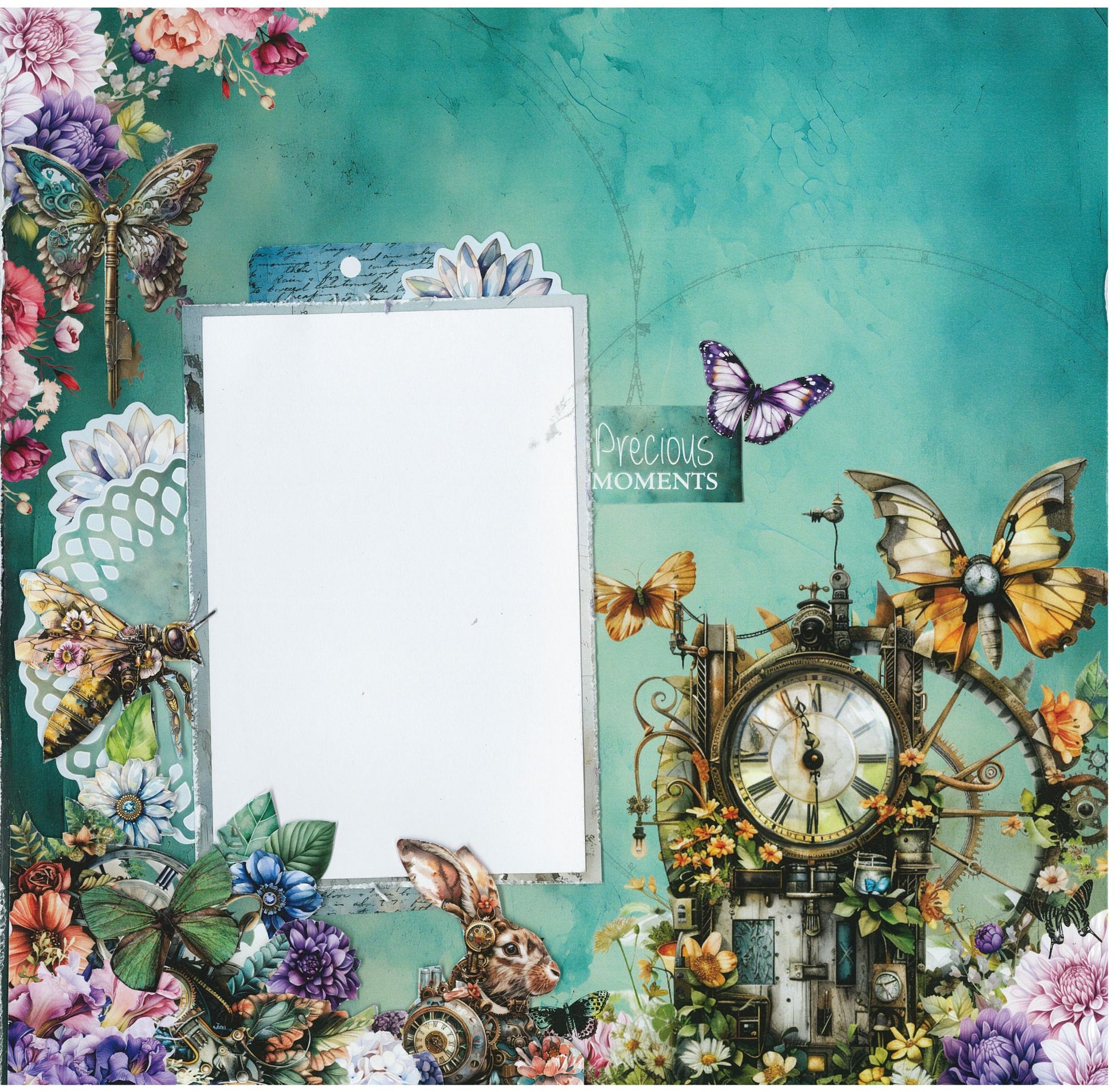 Floral Mechanica scrapbook layout sample by 3Quarter Designs — deep teal background with ornate steampunk clock tower, mechanical butterfly, steampunk bee, rabbit, butterflies, florals, and "Precious Moments" quote strip
