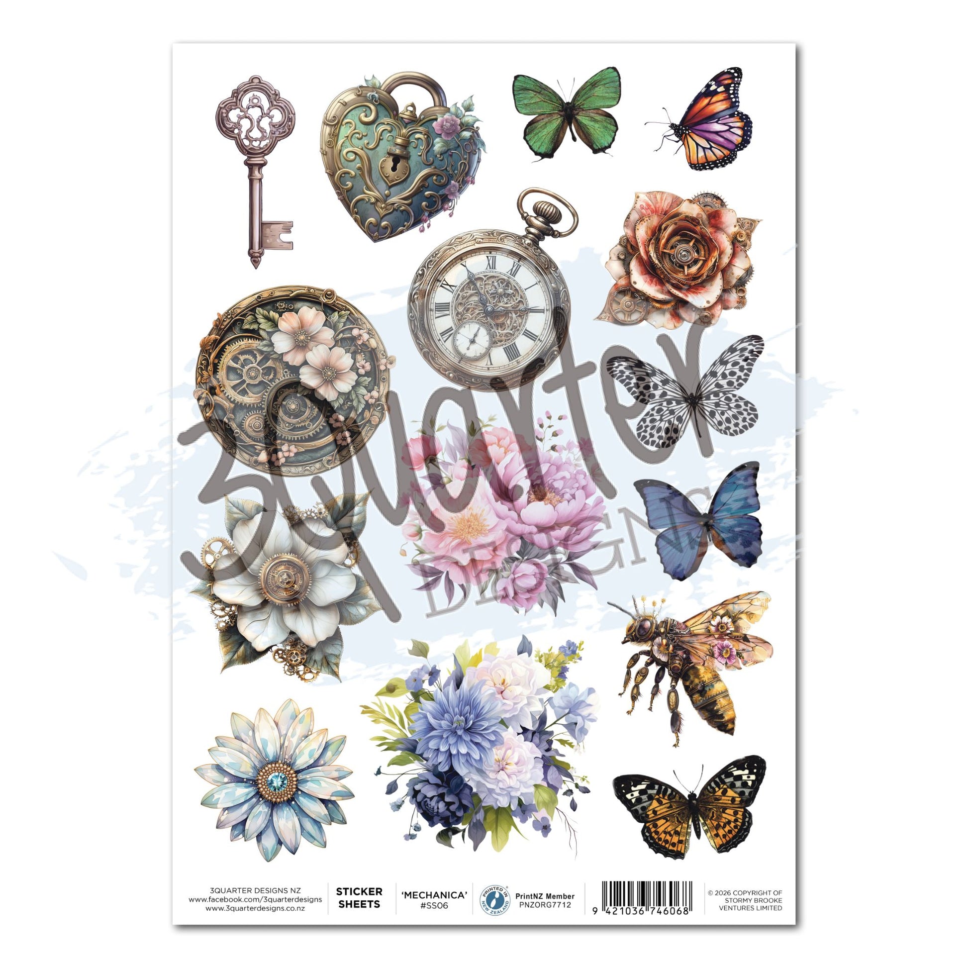 Floral Mechanica A4 Sticker Sheet by 3Quarter Designs — 15 matte self-adhesive steampunk floral stickers including ornate key, heart padlock, pocket watch, gear clock face, mechanical rose, mechanical bee, four butterflies, peony bouquet, dahlia bouquet, mechanical daisy, and blue jewel daisy