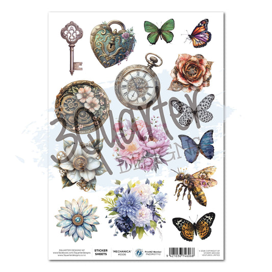 Floral Mechanica A4 Sticker Sheet by 3Quarter Designs — 15 matte self-adhesive steampunk floral stickers including ornate key, heart padlock, pocket watch, gear clock face, mechanical rose, mechanical bee, four butterflies, peony bouquet, dahlia bouquet, mechanical daisy, and blue jewel daisy