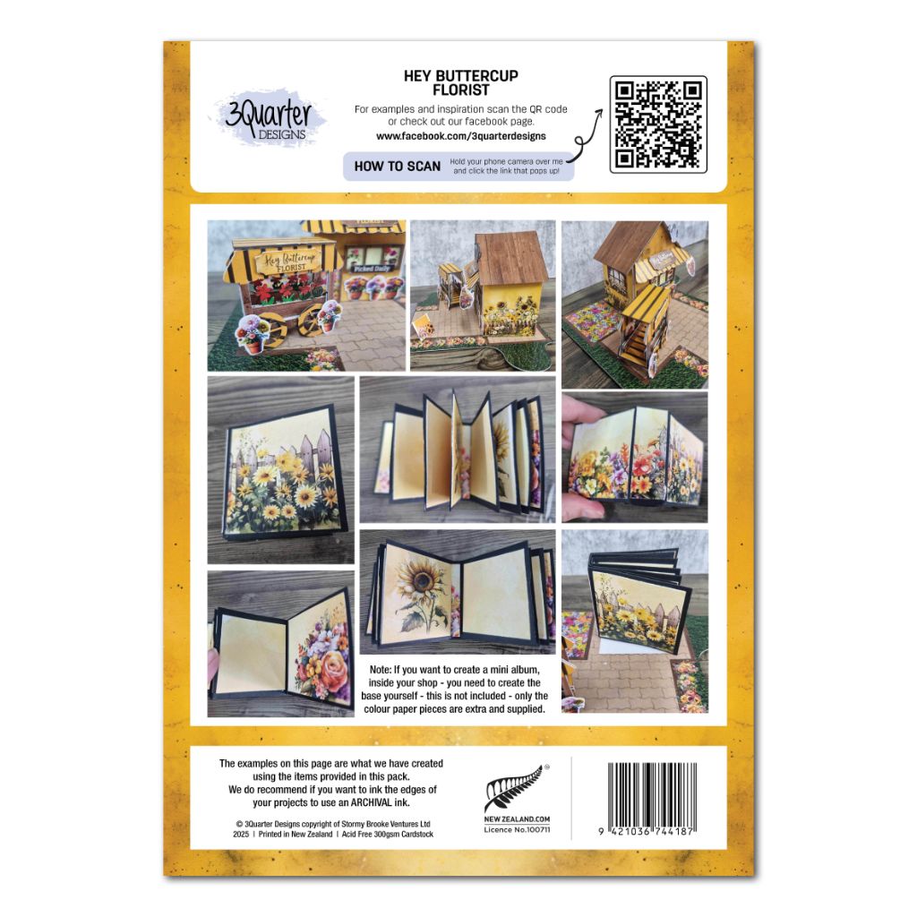 Back cover of the Hey Buttercup Florist kit with assembly inspiration photos and miniature village examples