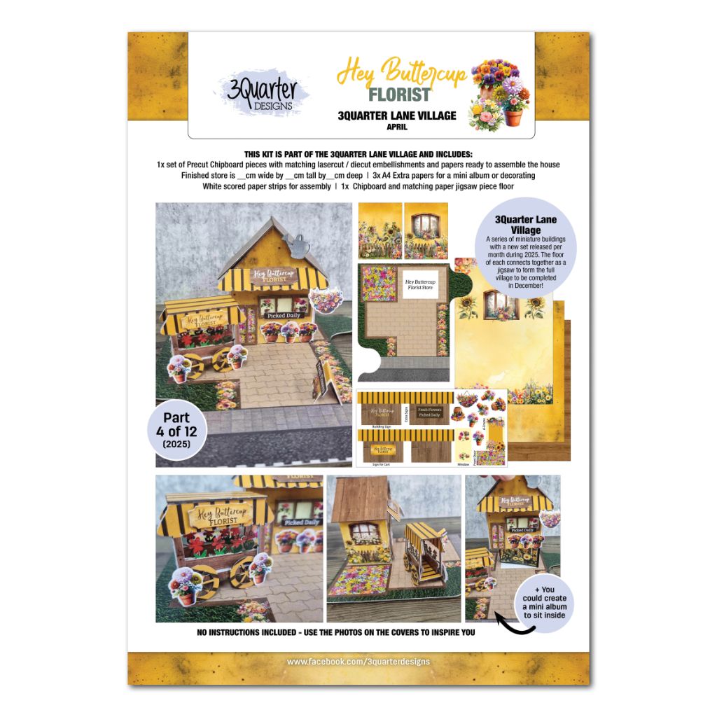 Front cover of the Hey Buttercup Florist kit showing the finished miniature florist shop and included materials