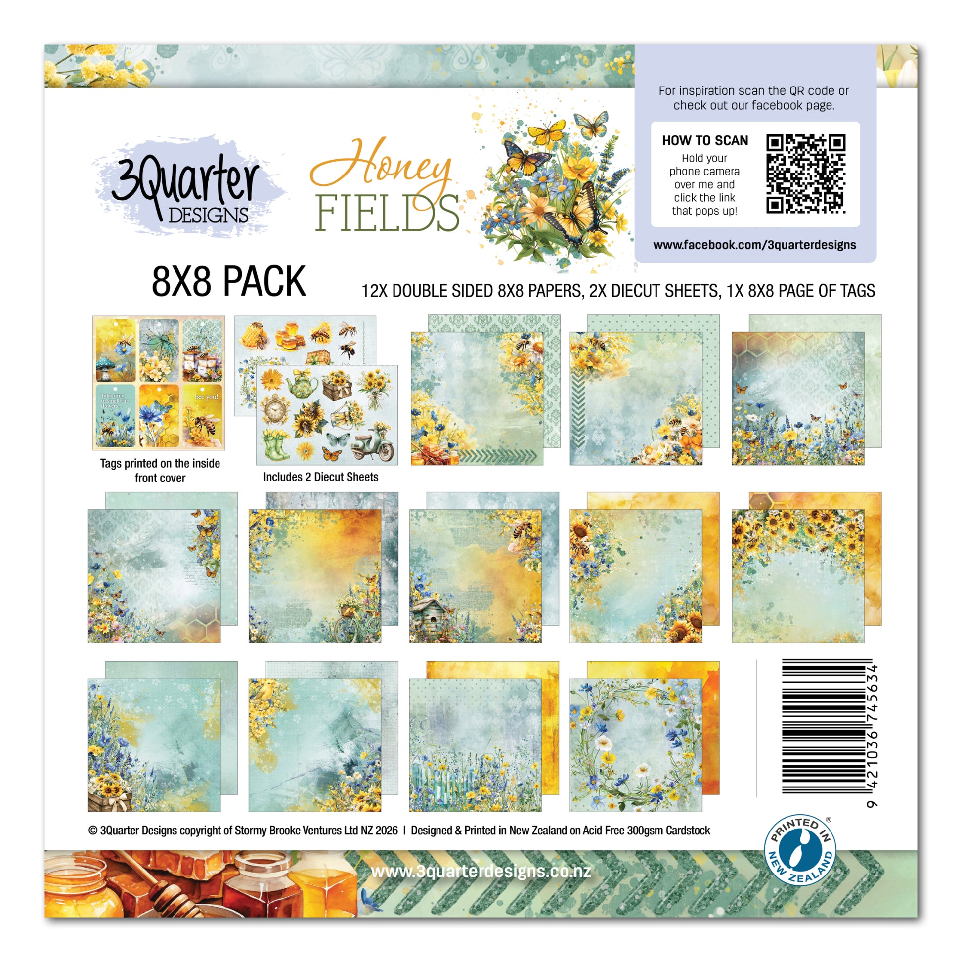 Honey Fields 8x8 Paper Pack by 3Quarter Designs showing package cover with contents including 12 double-sided papers, 2 die-cut sheets and 1 page of tags with bee and floral designs