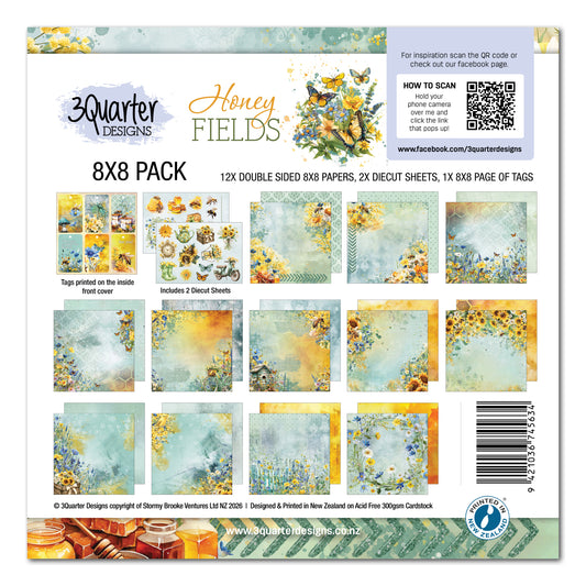 Honey Fields 8x8 Paper Pack by 3Quarter Designs showing package cover with contents including 12 double-sided papers, 2 die-cut sheets and 1 page of tags with bee and floral designs