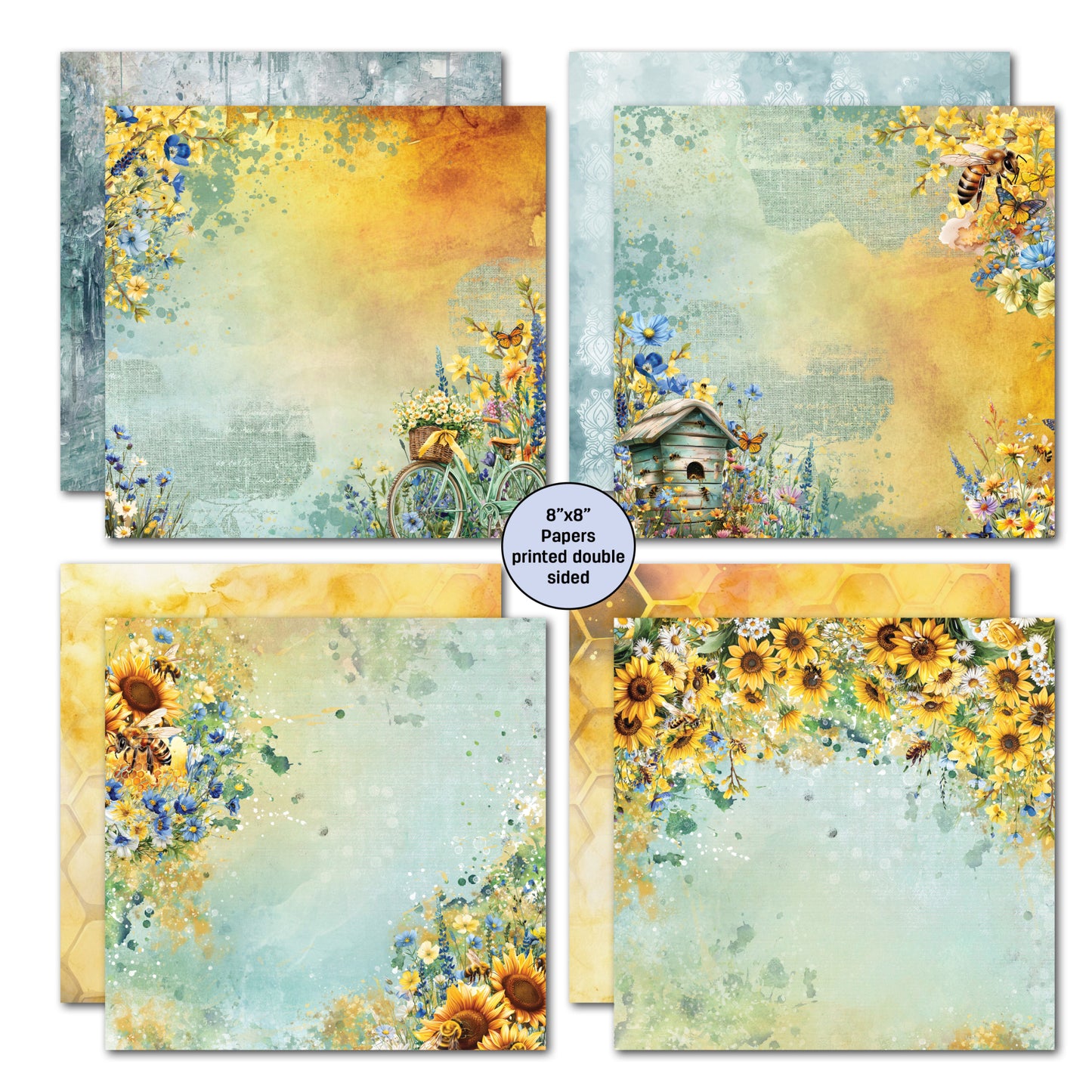 Four double-sided 8x8 papers from Honey Fields Paper Pack featuring vintage bicycle with flowers, birdhouse with wildflowers, sunflower field and honeycomb patterns with watercolour backgrounds