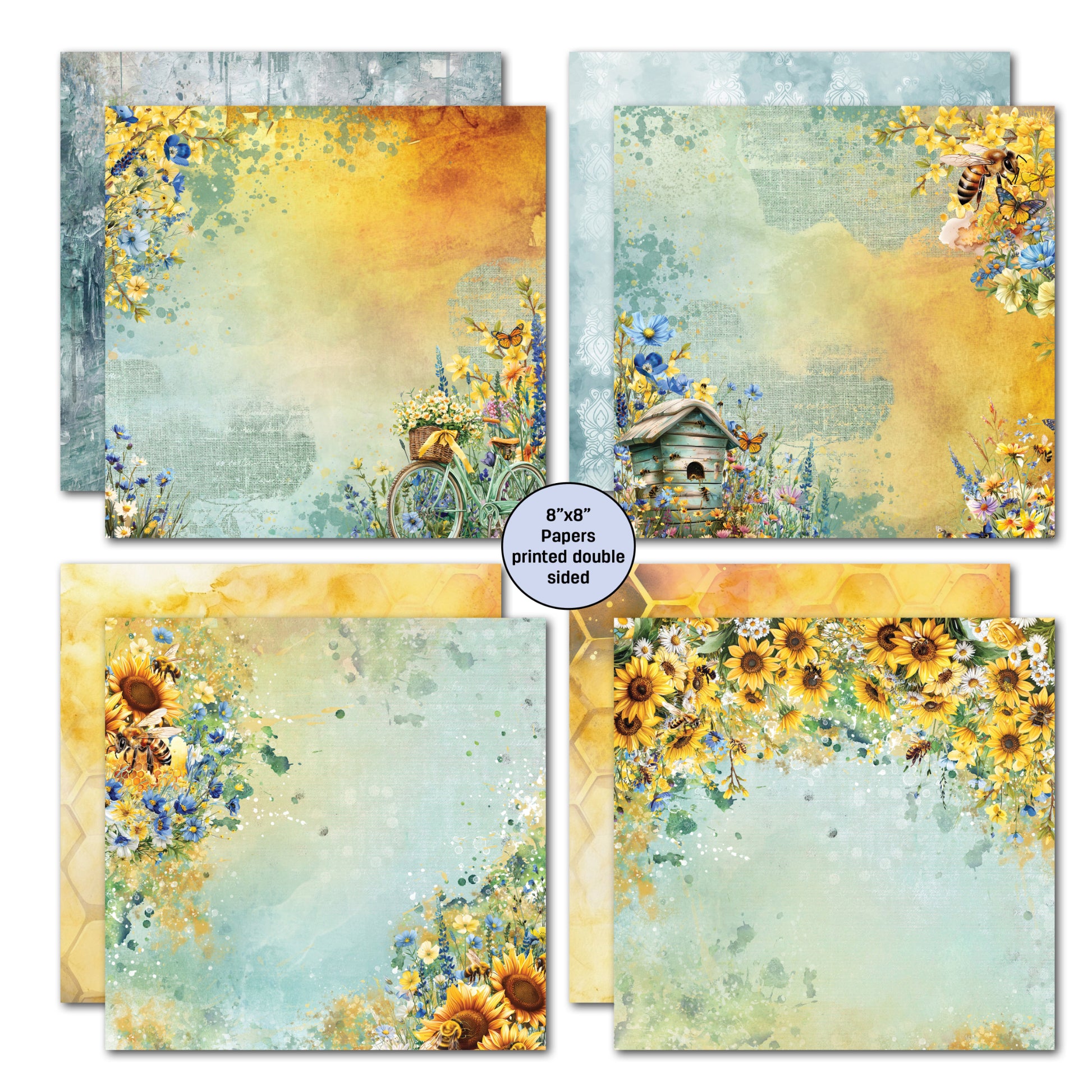 Four double-sided 8x8 papers from Honey Fields Paper Pack featuring vintage bicycle with flowers, birdhouse with wildflowers, sunflower field and honeycomb patterns with watercolour backgrounds