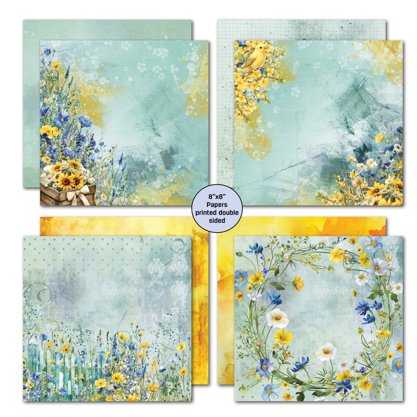 Four double-sided 8x8 papers from Honey Fields Paper Pack showing wooden crate with sunflowers, bird with wildflowers, blue wildflower meadow and floral wreath with soft watercolour backgrounds