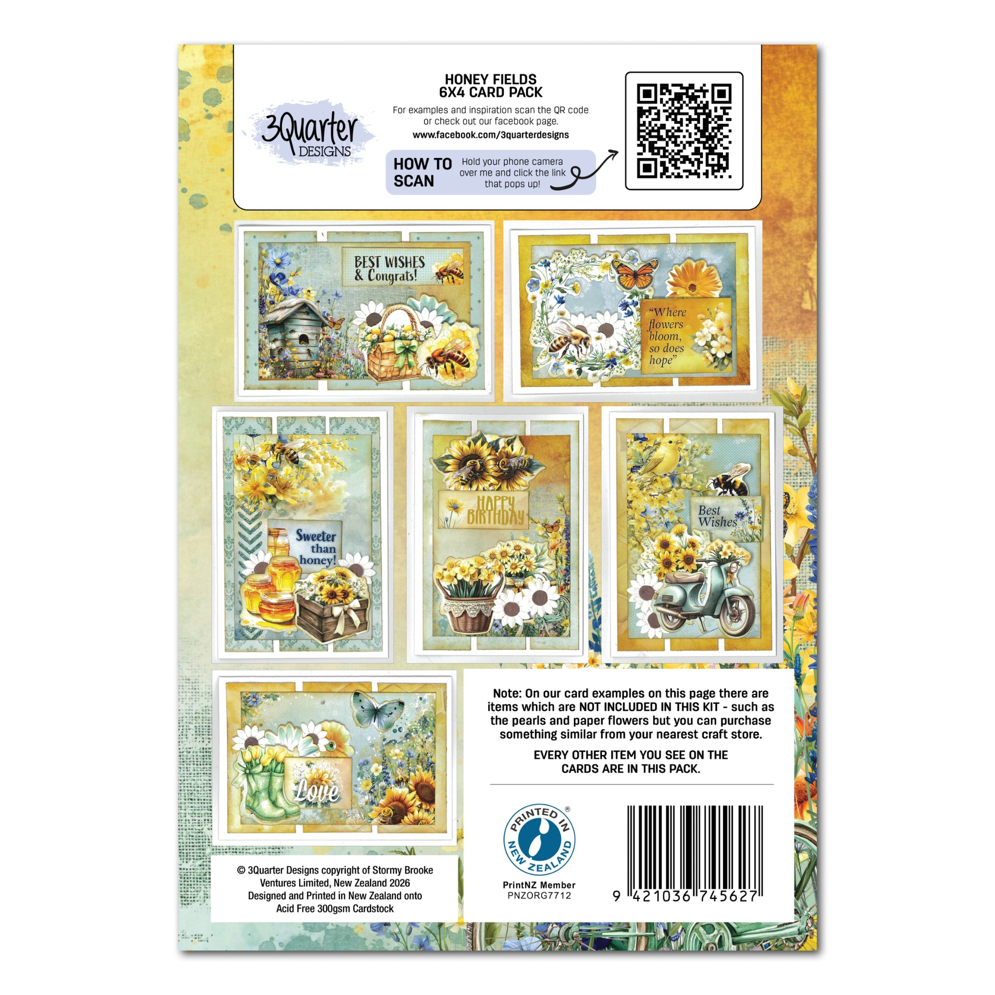 Honey Fields 6x4 Card Making Kit by 3Quarter Designs showing back of package with contents including 6 pre-cut card bases, 16 double-sided papers and 2 A5 die-cut sheets