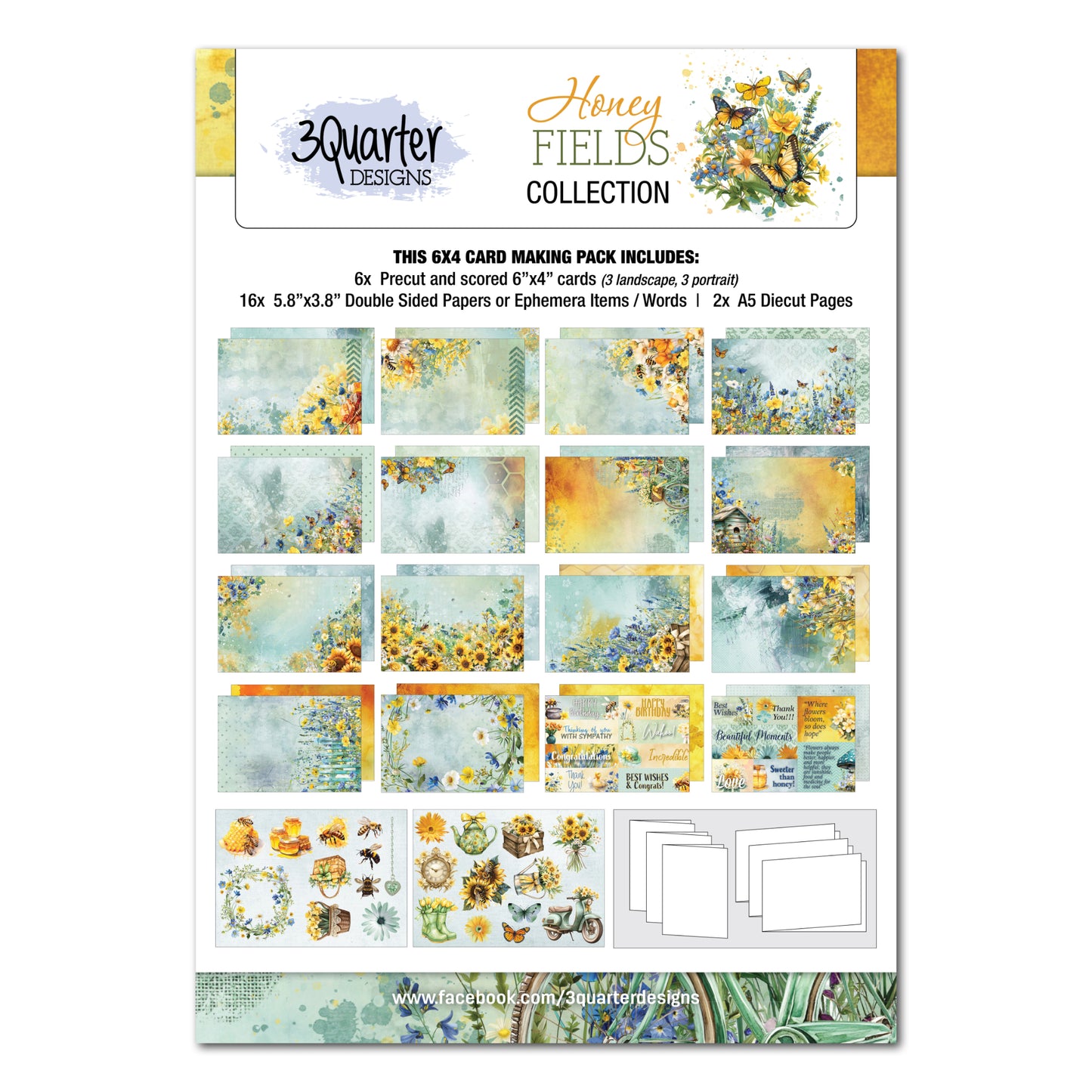 Honey Fields 6x4 Card Making Kit by 3Quarter Designs showing package cover with watercolour bee and wildflower design