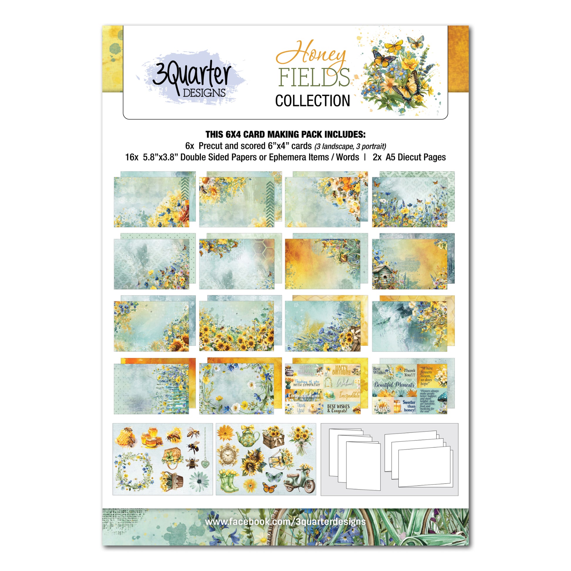 Honey Fields 6x4 Card Making Kit by 3Quarter Designs showing package cover with watercolour bee and wildflower design