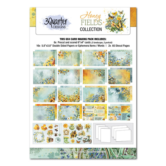 Honey Fields 6x4 Card Making Kit by 3Quarter Designs showing package cover with watercolour bee and wildflower design