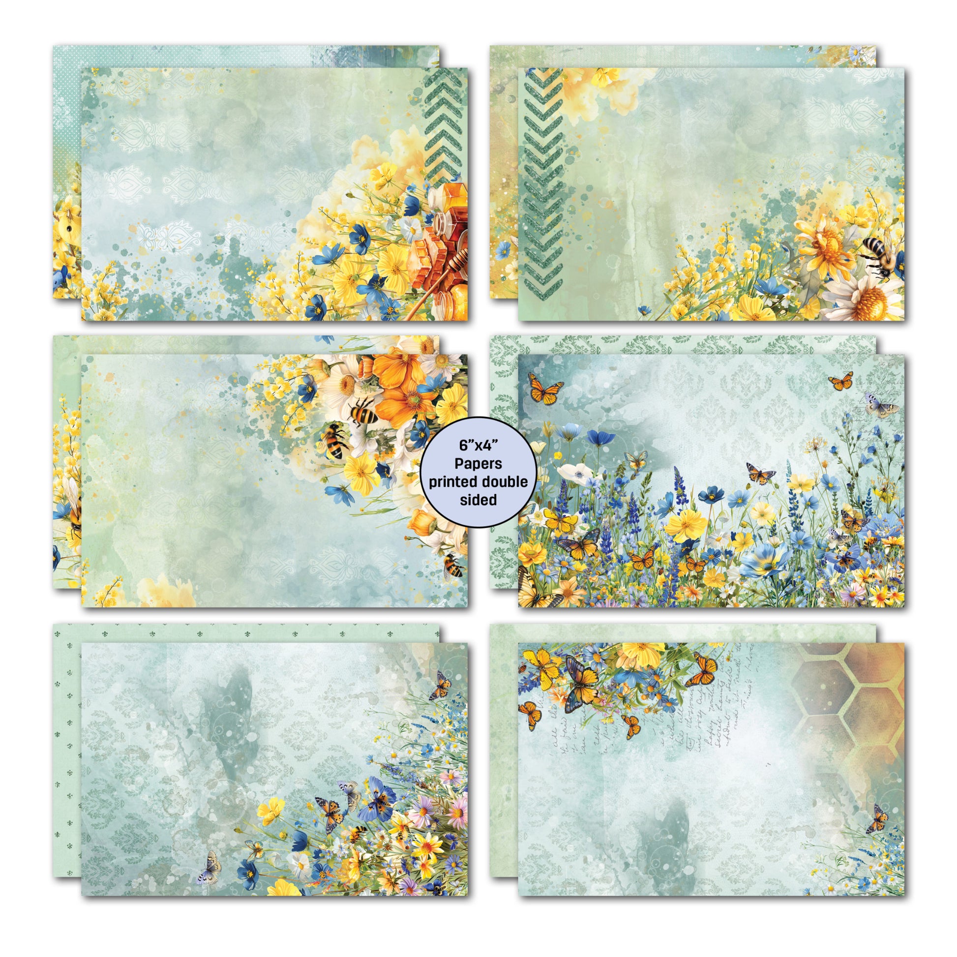 Six double-sided 6x4 papers from Honey Fields card kit showing watercolour backgrounds in sage and golden tones with yellow and blue wildflowers, bees, butterflies, honeycomb and chevron patterns 