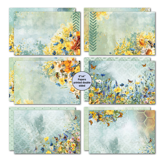 Six double-sided 6x4 papers from Honey Fields card kit showing watercolour backgrounds in sage and golden tones with yellow and blue wildflowers, bees, butterflies, honeycomb and chevron patterns 