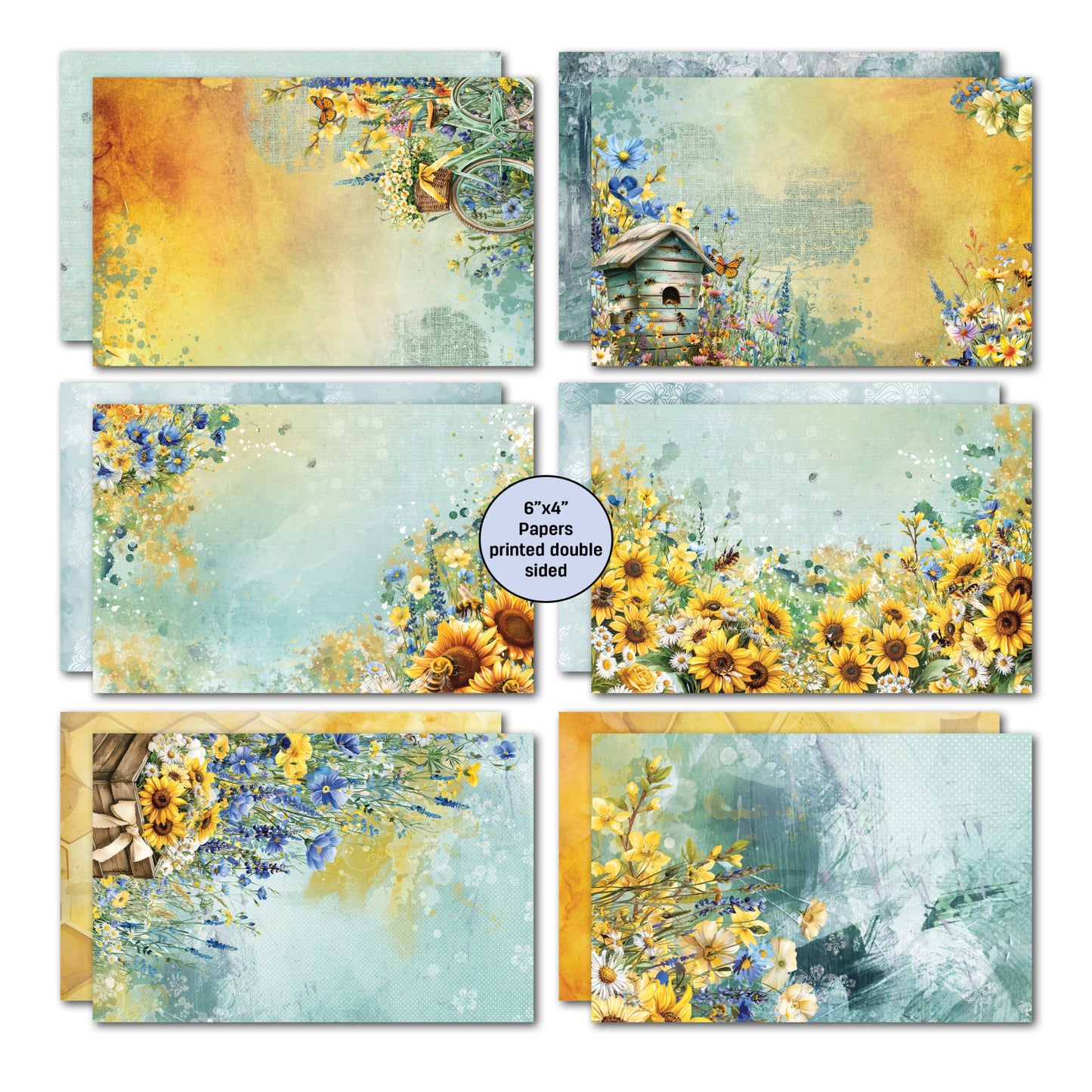 Six double-sided 6x4 papers from Honey Fields card kit featuring vintage bicycle with flowers, beehive with wildflowers, sunflower borders, wooden crate with sunflowers and watercolour backgrounds in sage and golden tones 