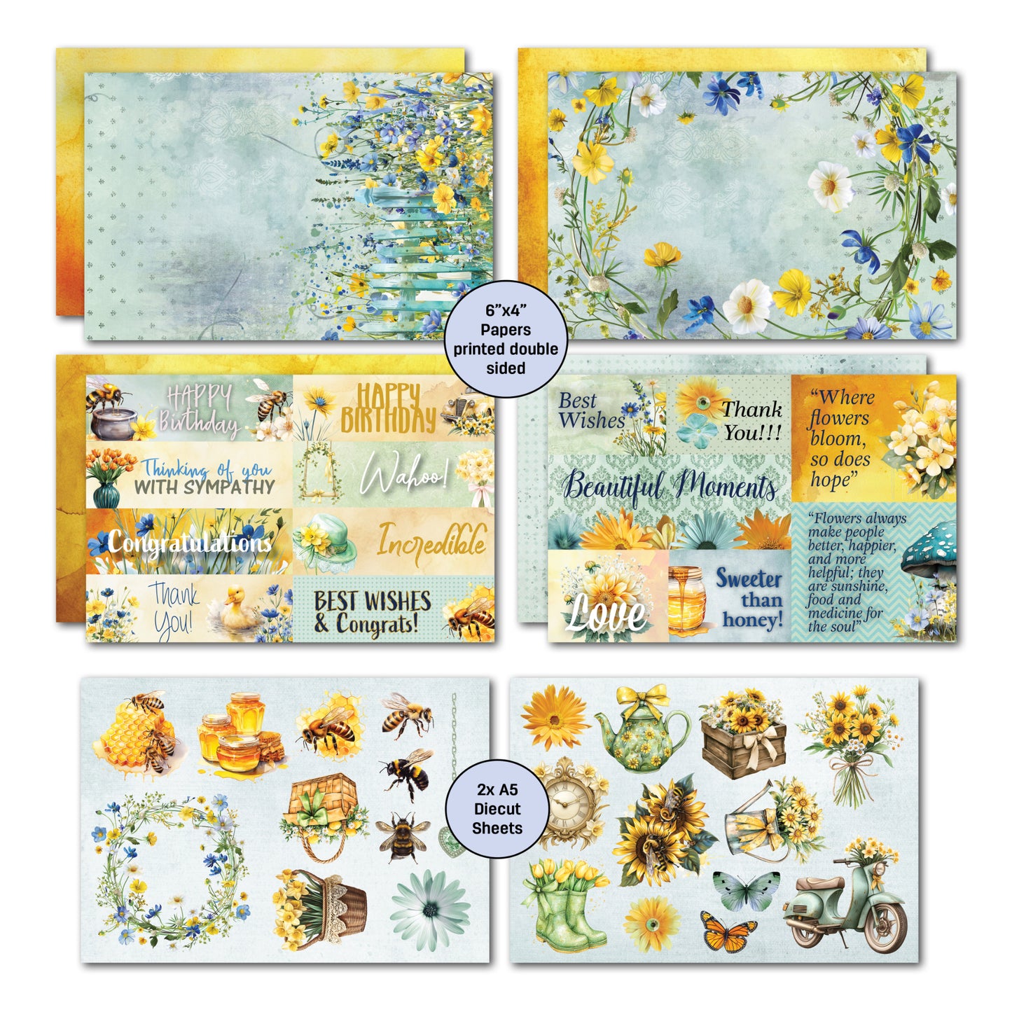 Honey Fields card kit contents showing four double-sided 6x4 papers with floral borders and watercolour backgrounds, two sentiment sheets with Happy Birthday, Thank You, Best Wishes and other greetings, plus two A5 die-cut sheets with bees, sunflowers, honey jars, butterflies, vintage scooter and floral wreaths 