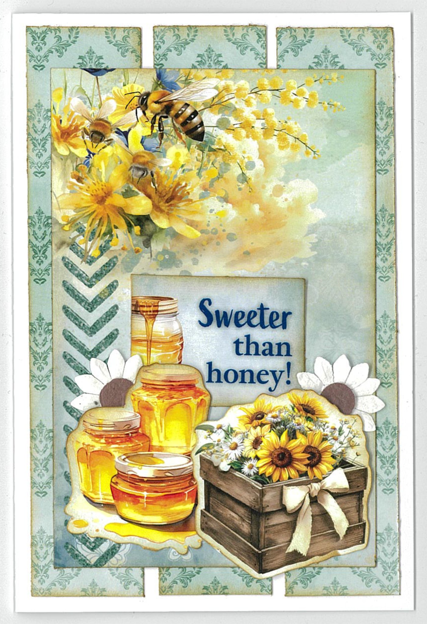 Finished card sample from Honey Fields kit featuring layered honey jars, wooden crate with sunflowers, bees and Sweeter than honey sentiment on sage damask background