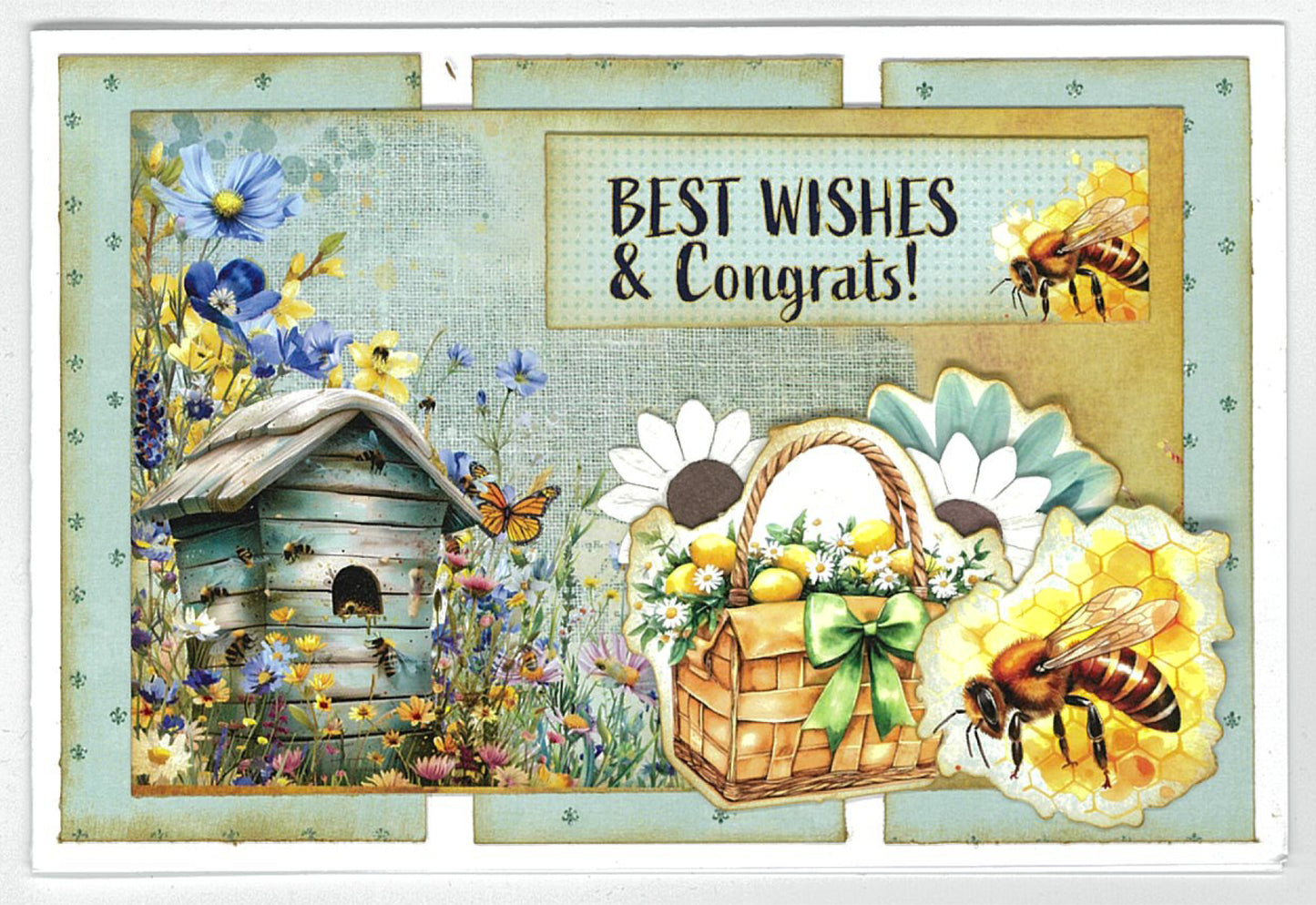 Finished card sample from Honey Fields kit featuring vintage beehive with wildflowers, basket with lemons, bees on honeycomb and Best Wishes and Congrats sentiment