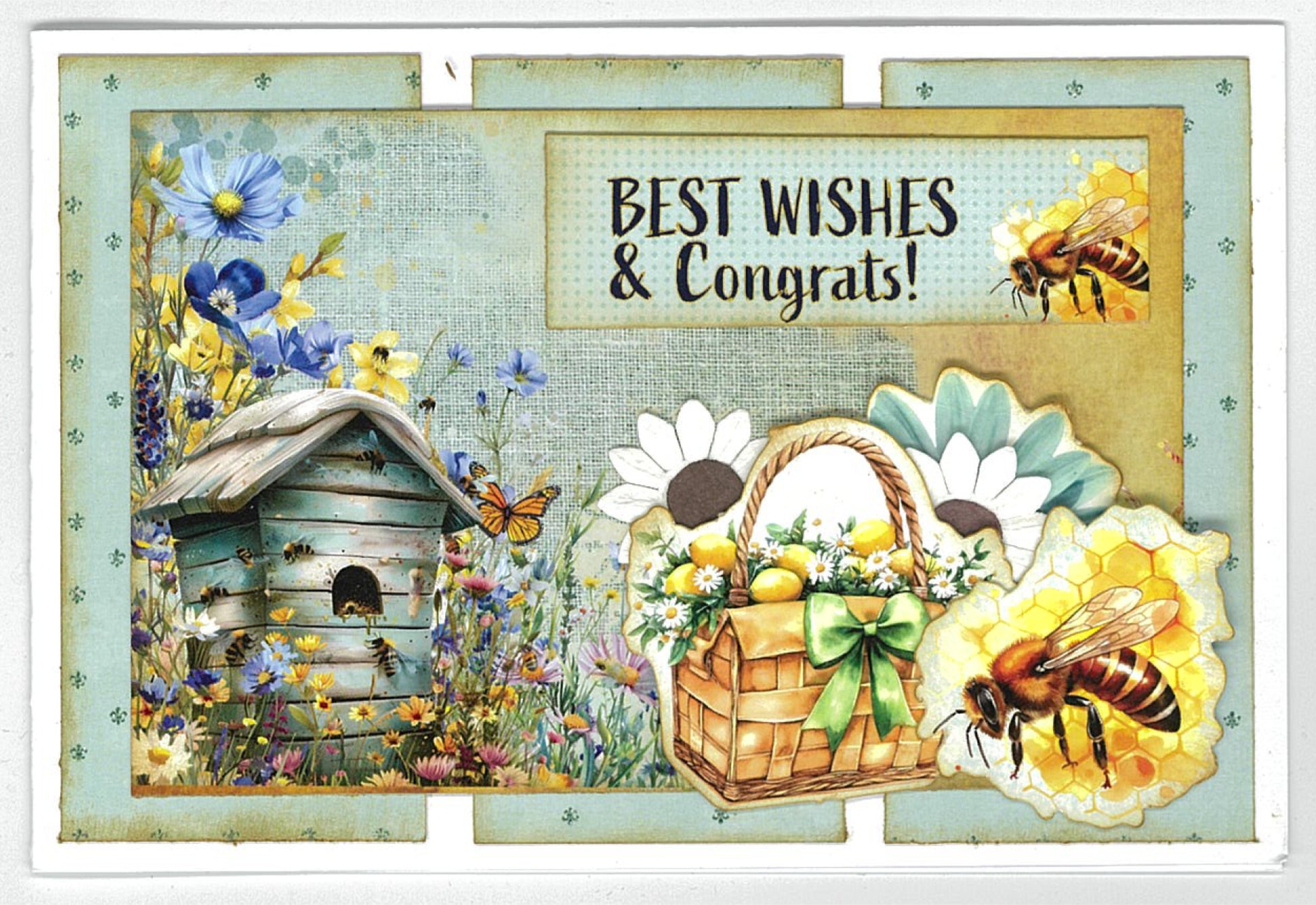 Finished card sample from Honey Fields kit featuring vintage beehive with wildflowers, basket with lemons, bees on honeycomb and Best Wishes and Congrats sentiment