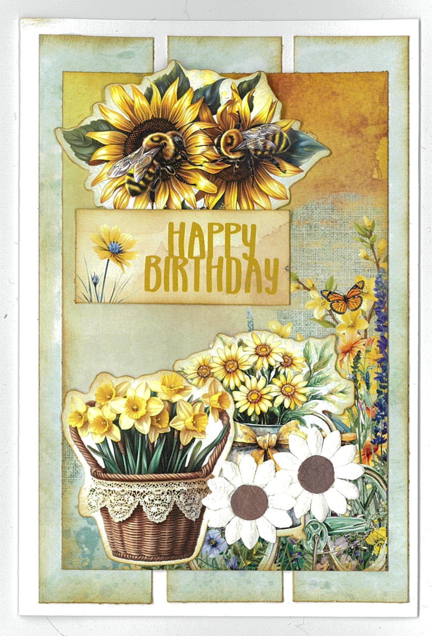 Finished card sample from Honey Fields kit featuring sunflowers with bees, daffodils in basket and Happy Birthday sentiment on watercolour background