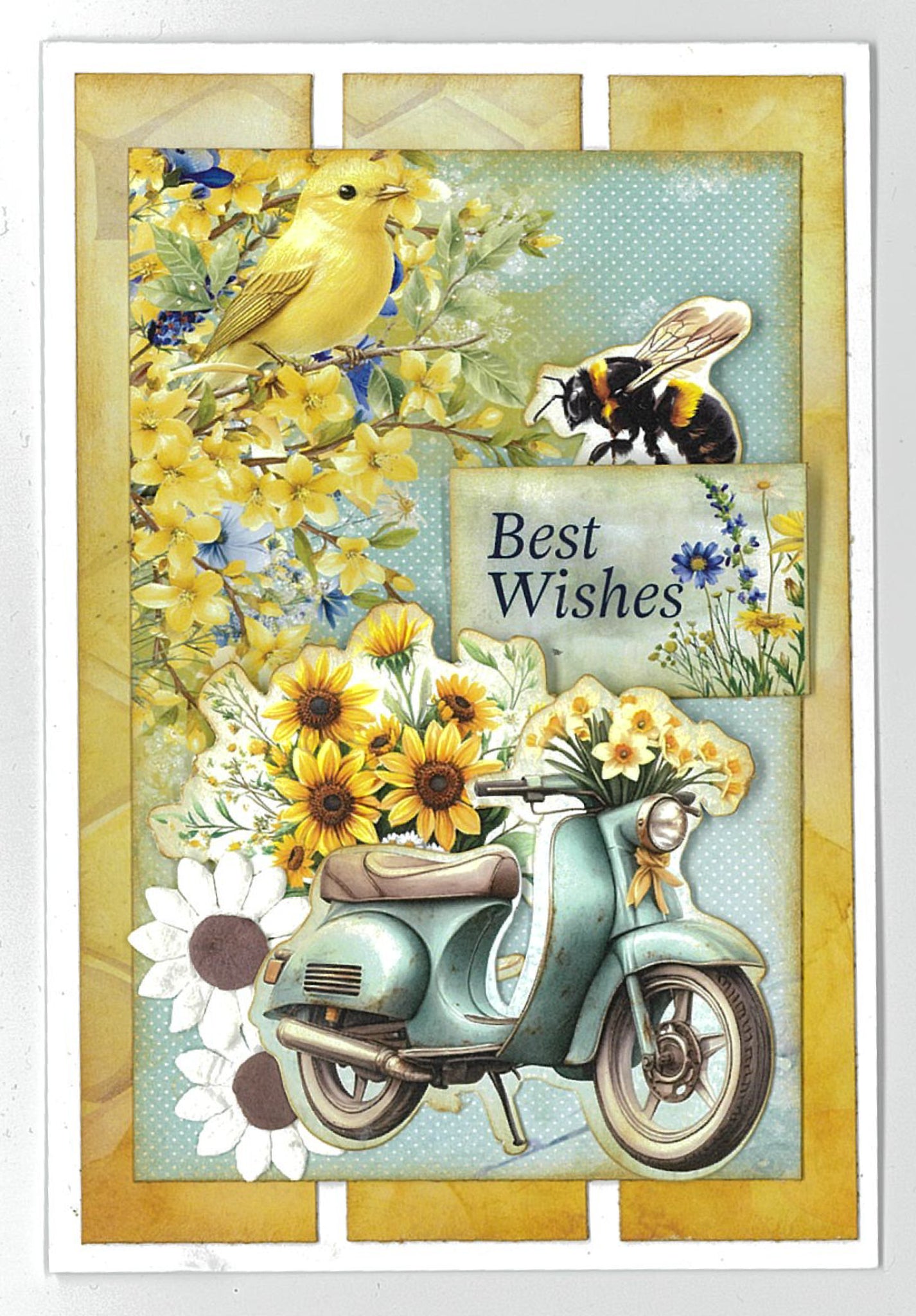 Finished card sample from Honey Fields kit featuring vintage scooter with sunflowers, yellow bird, bee and Best Wishes sentiment on sage polka dot background