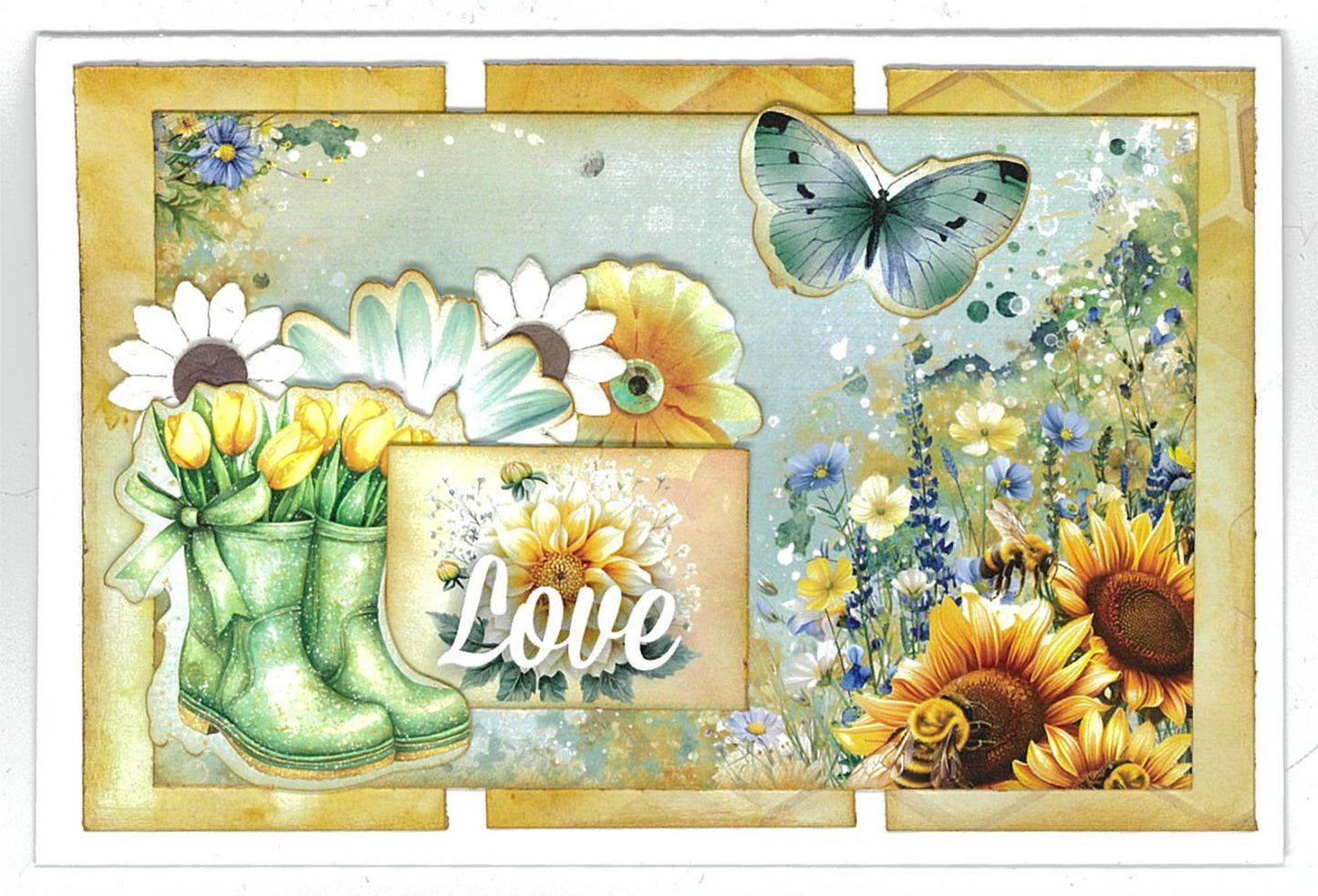 Finished card sample from Honey Fields kit featuring green garden boots with yellow tulips, layered daisies and gerberas, blue butterfly, wildflower meadow with bees and sunflowers, and Love sentiment on watercolour background