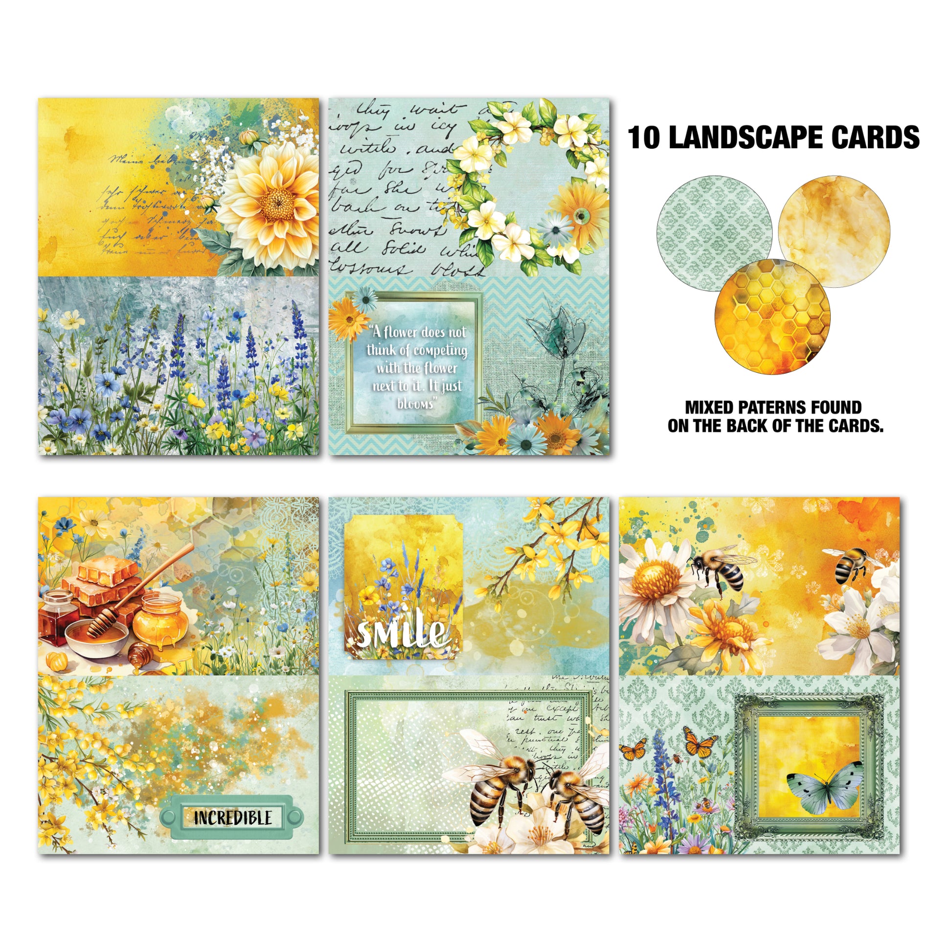 Ten landscape Tuck N Play cards from Honey Fields Gimme More Pack featuring wildflower meadows, bees, honey pots, vintage frames and sentiments including smile, incredible and be happy