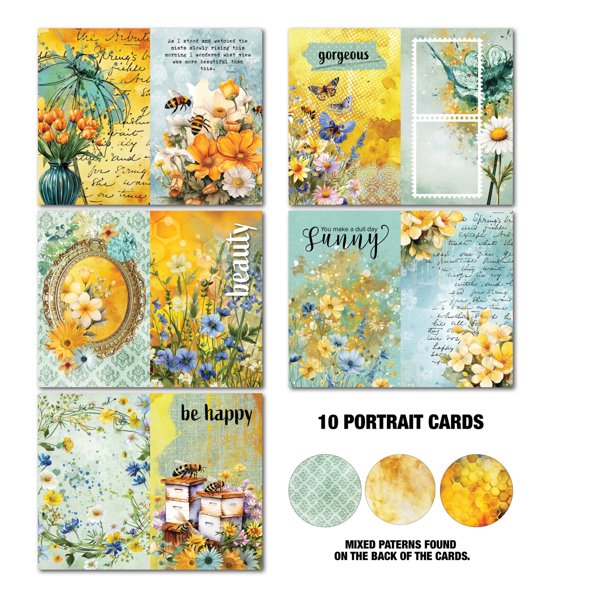 Ten portrait Tuck N Play cards from Honey Fields Gimme More Pack featuring butterflies, floral arrangements, bees, vintage frames and sentiments including gorgeous, sunny and be happy